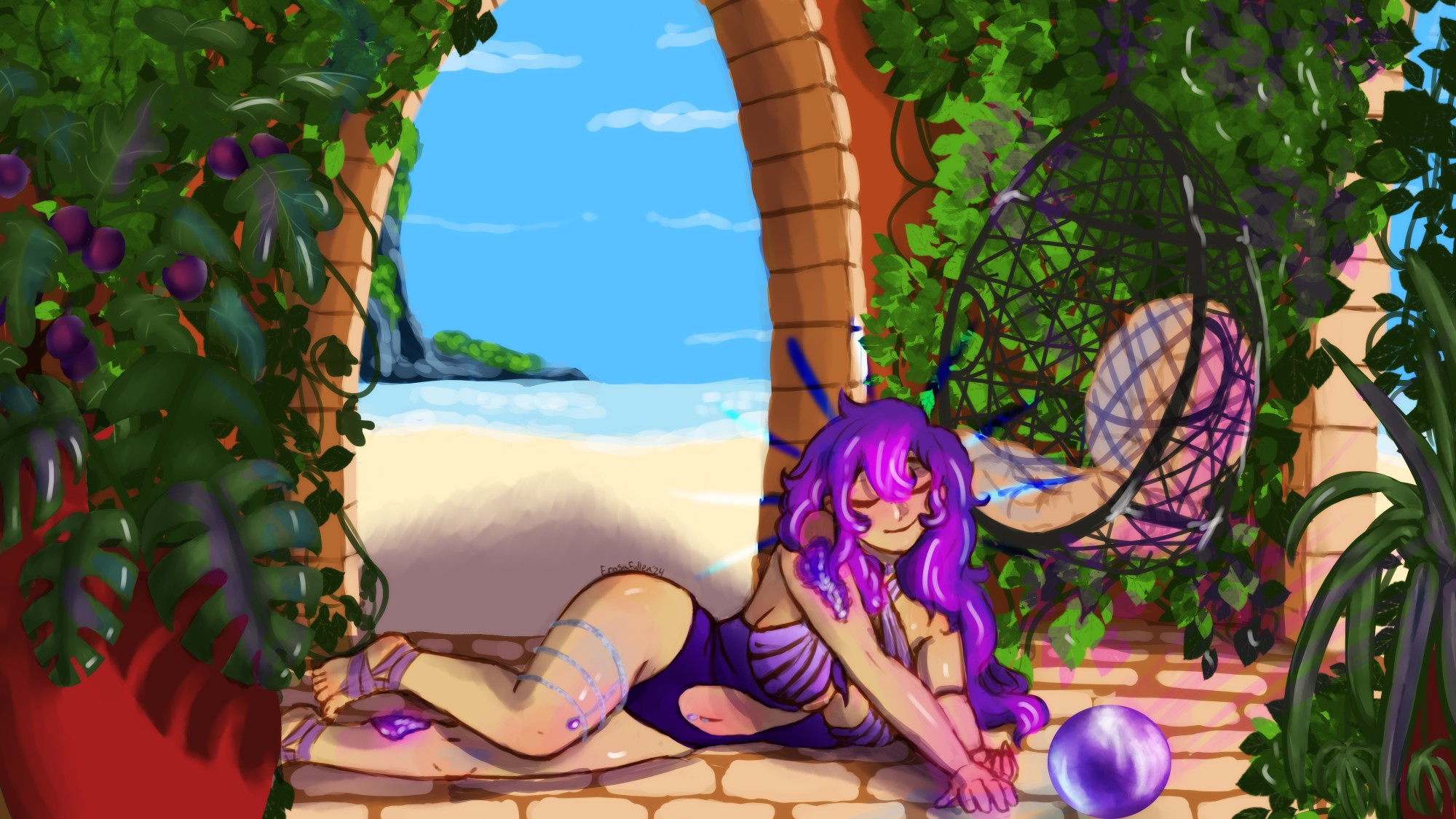 A tan woman with amethyst hair, a purple swim suits and several pieces of amethyst jewelry, sits in a small hut on a Filipino beach. she has a crystal ball in front of her, a hanging seat hung to the back right of her head, and many plants fill the room and cover the walls. the sun shines on her face and makes the whole room glow 