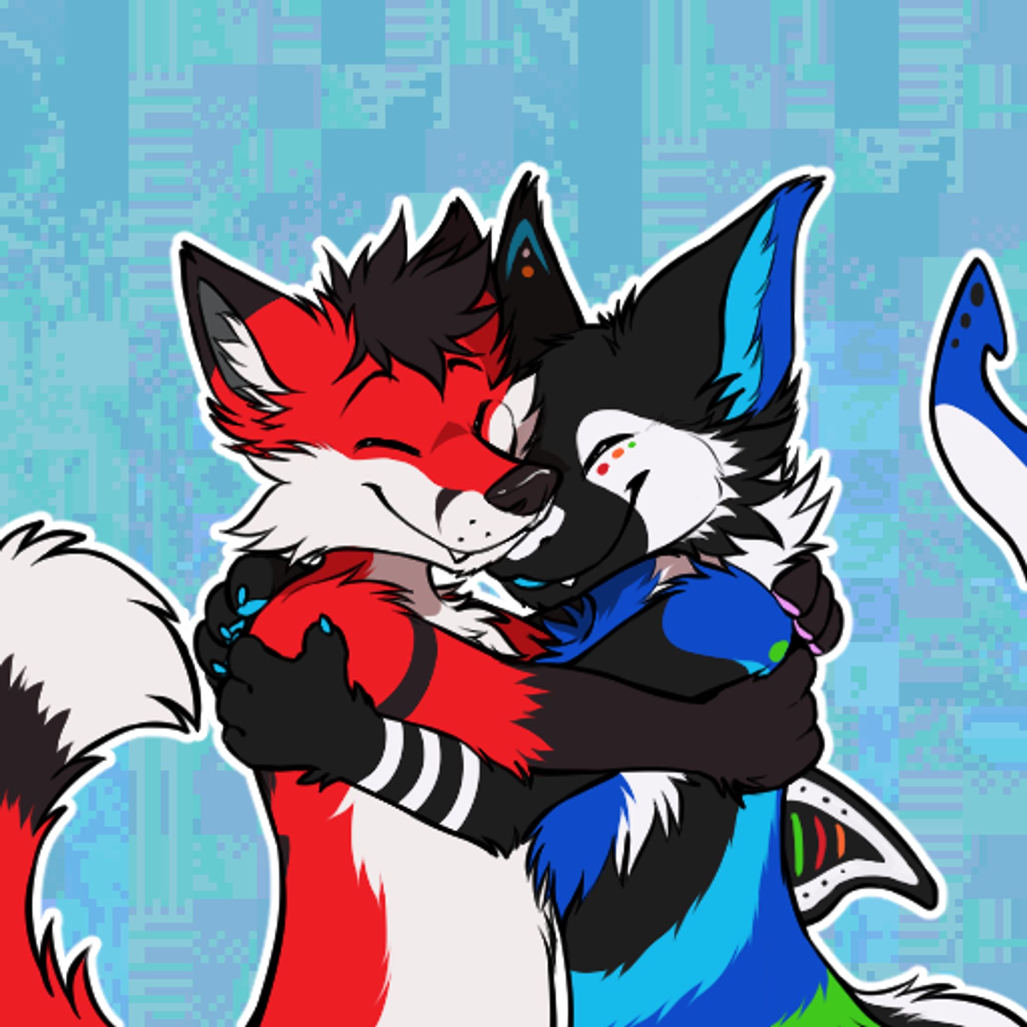 fox and manokit furry characters hugging 