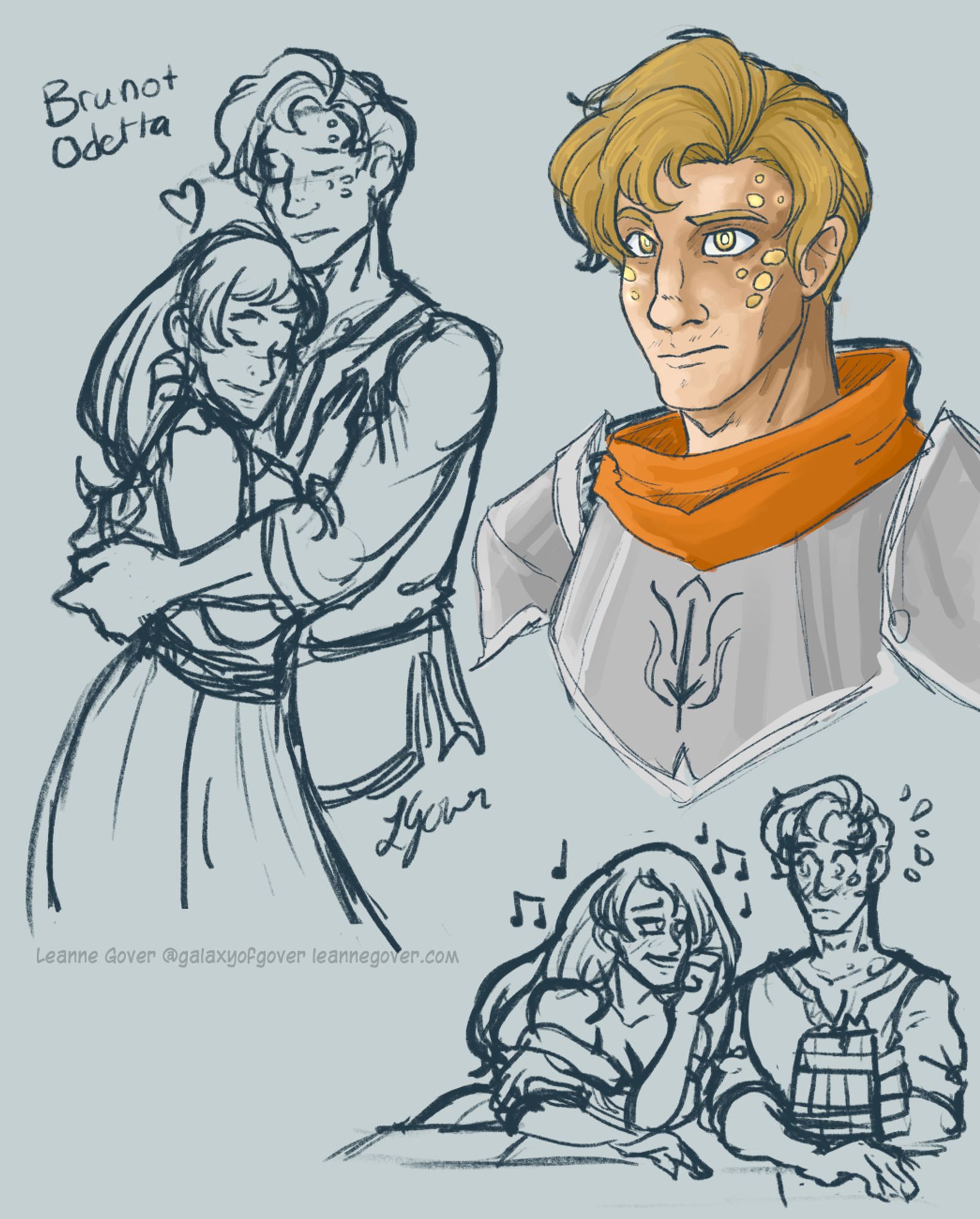 A coloured drawing and two sketches. The coloured drawing is of a man with short thick hair, glowing yellow eyes and splotches on his skin. He is in armour. Sketch 1 has him out of armour holding a woman with long hair and sharp features. They are smiling. It is labeled "Bruno + Odetta". Sketch two is of the couple at a bar. Odetta is leaning over and sining while Bruno looks embarrassed and is sweating.