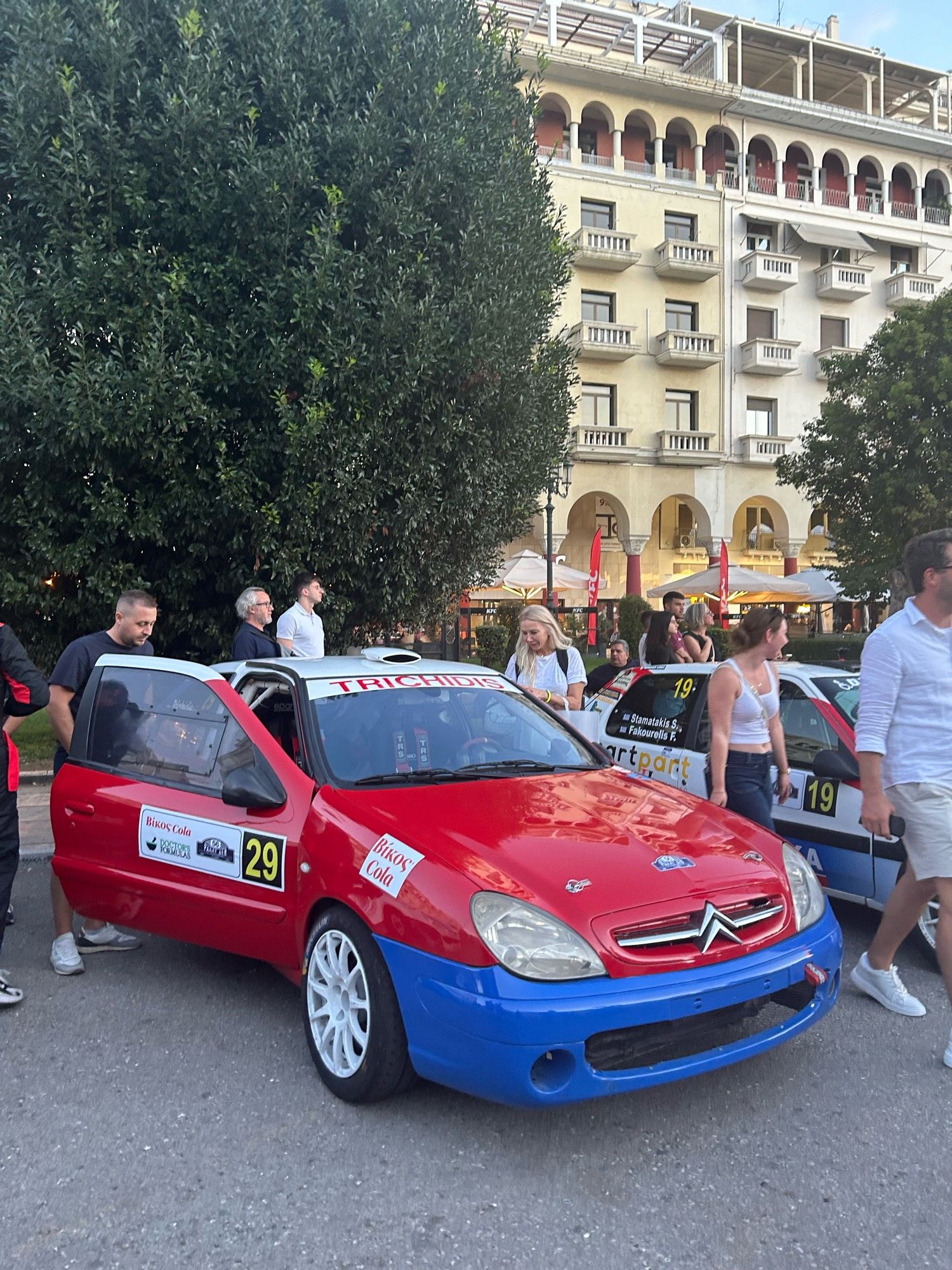 A Citroen Xantia rally car painted in red white and blue