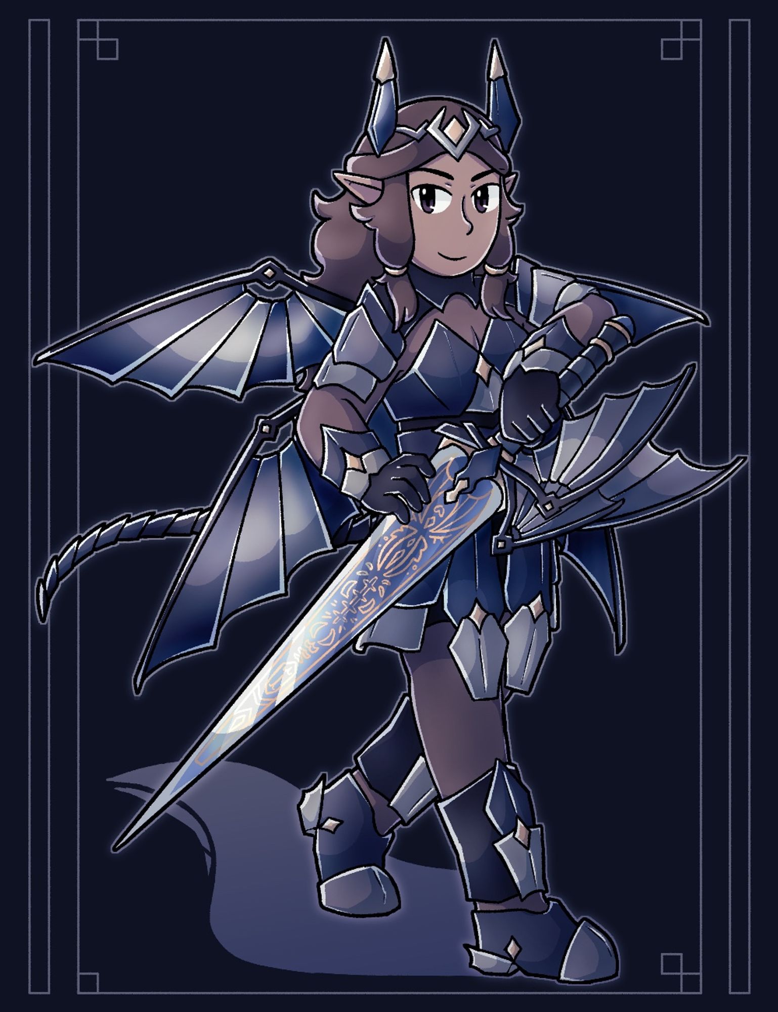 Araceli holding a sword with metal wings