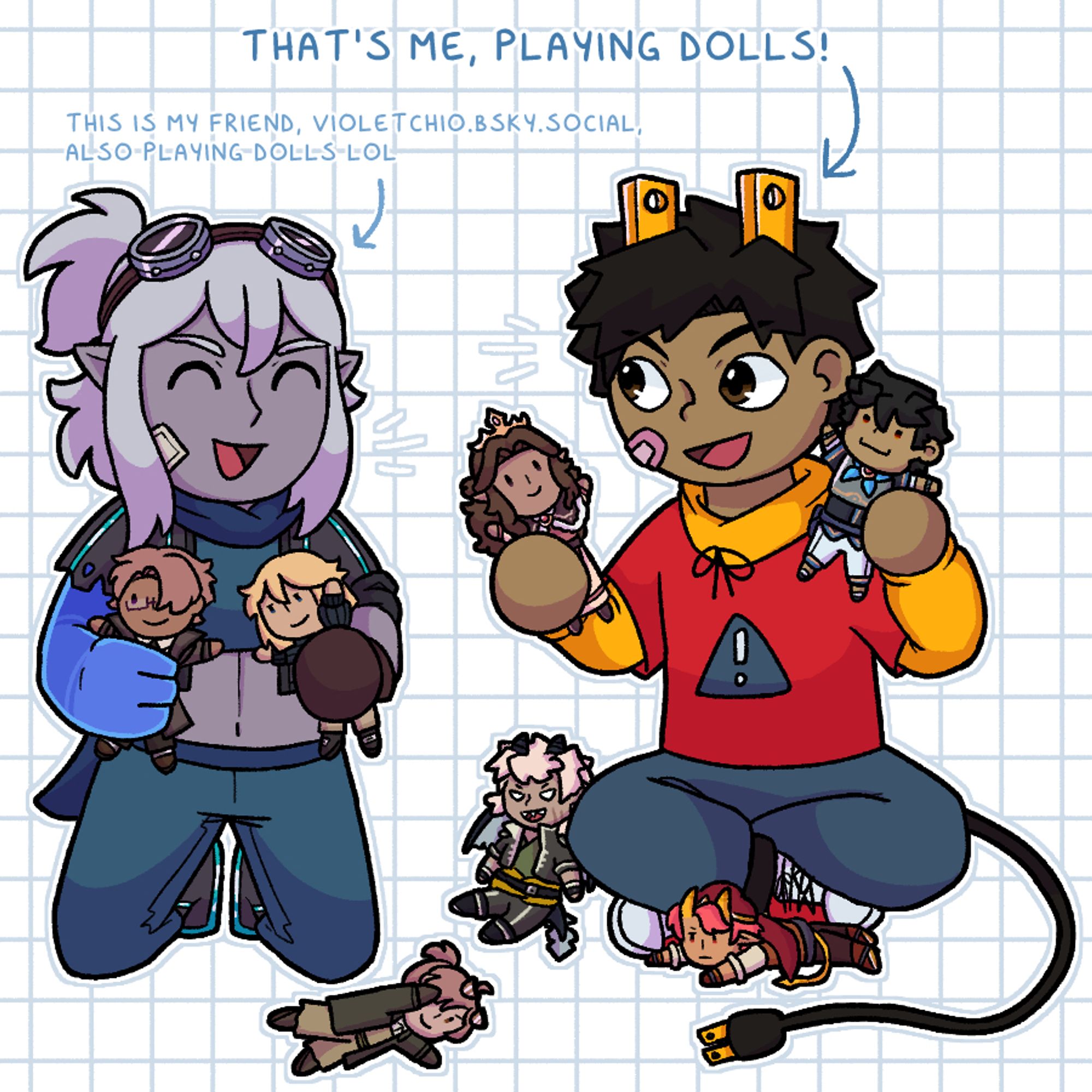 (Me and my friend Ango playing with little dolls of our OCs) 
That’s me, playing dolls! This is my friend, violetchio.bsky.social, also playing dolls lol