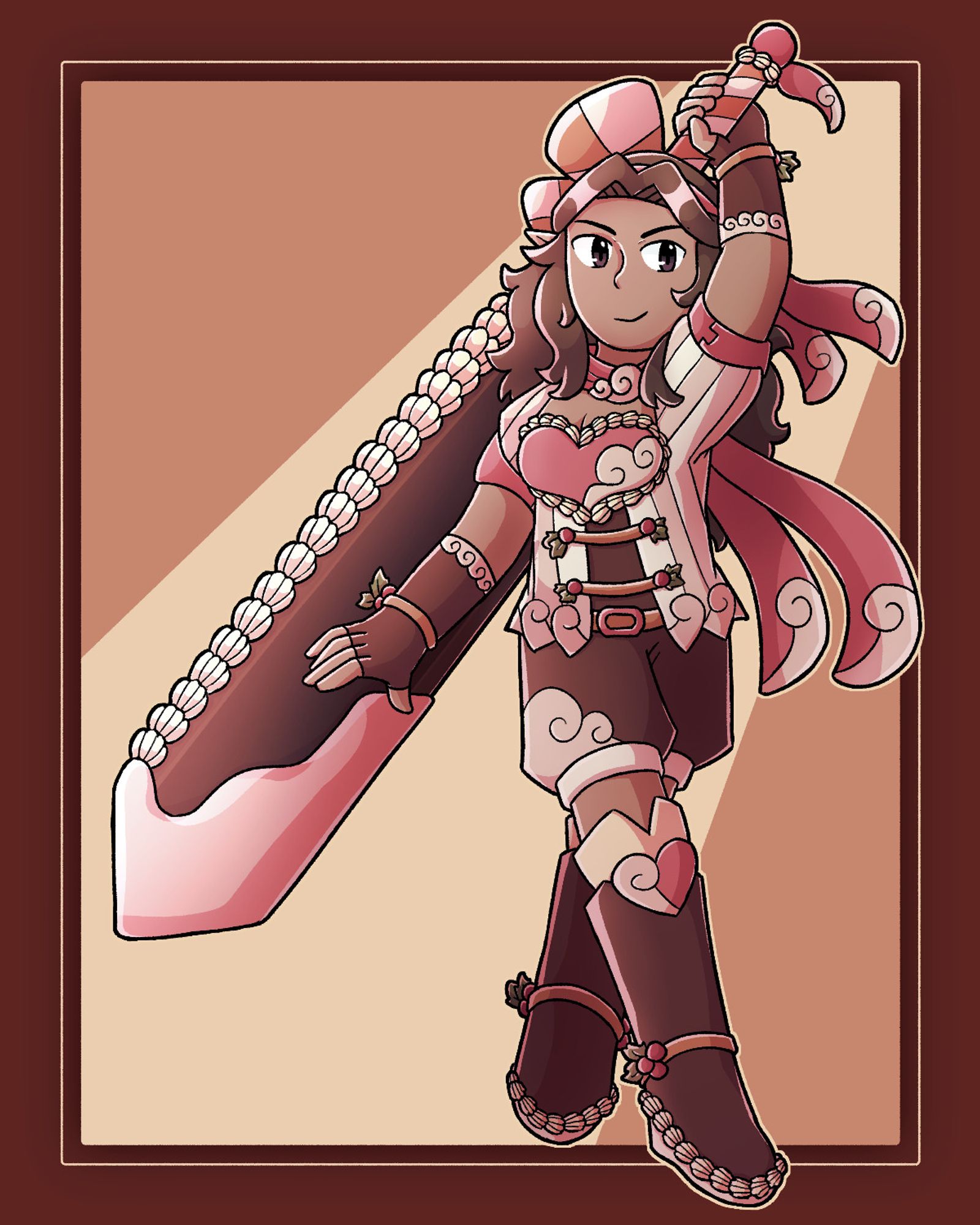 Araceli wielding a large sword made of sweets