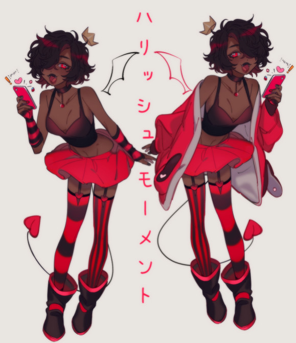 An art piece of my vampire vtuber model! This is one of her first designs! There are two of her side by side. On the left side, she has her bangs down and covering one of her eyes! She is smiling and has black upper lipstick! she is wearing a bralette, red and black arm warmers, a red skirt, thigh highs with different designs on them, one of them has red and black stripes going horizontally and one of them has it going vertically! She is also wearing big red and black boots! 

The same is for the right side, but she has a big poofy red jacket covering her! It is sliding off one of her shoulders while resting on the other!