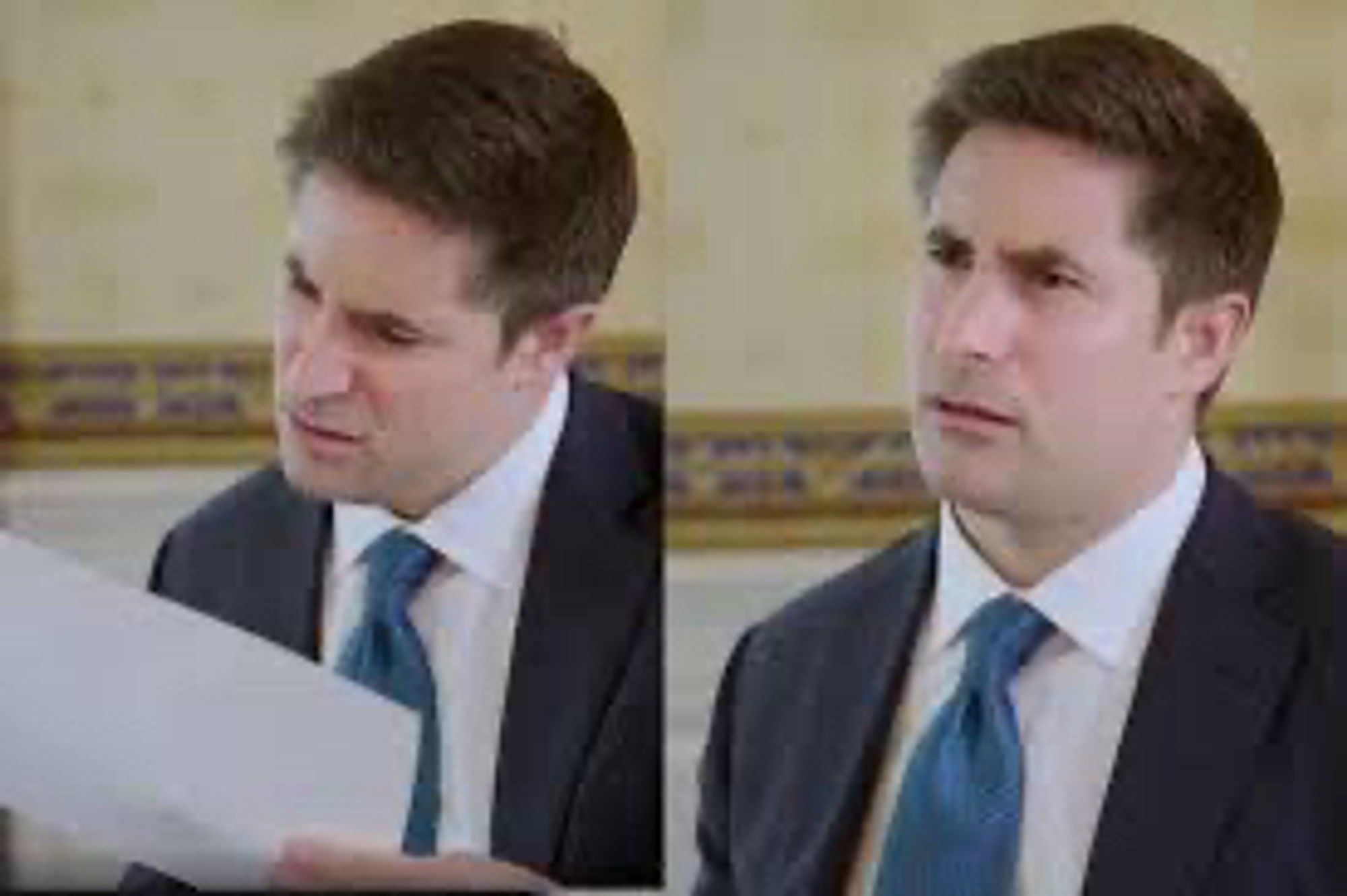 A meme from the journalist Jonathan Swan interviewing Trump. In the first panel, a man in a suit is reading a piece of paper we can’t see the contents of. In the second panel, he is looking up with a surprise and disgusted look on his face