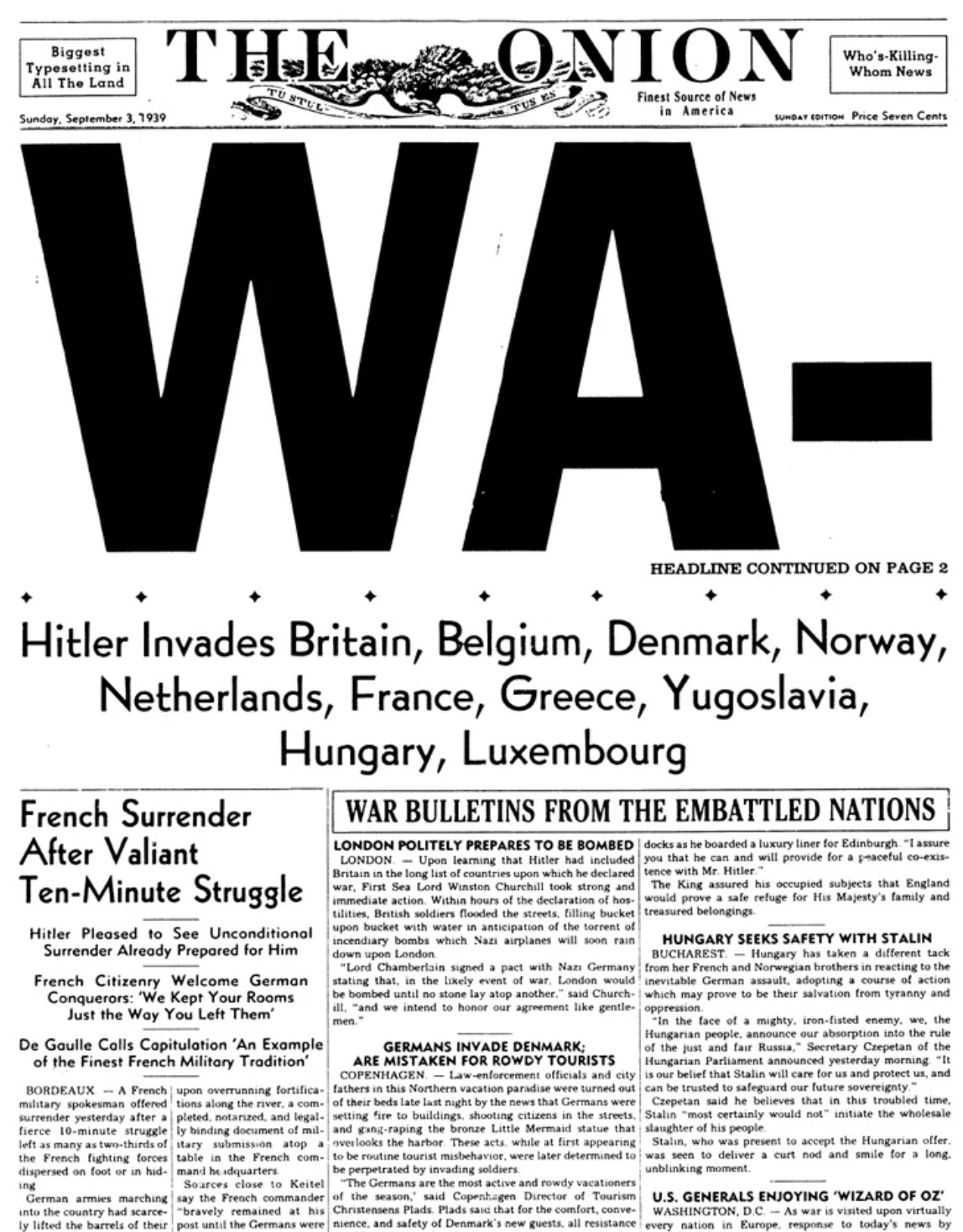 A fake newspaper front for the beginning of World War 2 with the large headline at the top "WA-" and the text "Headline continued on page 2" beneath it