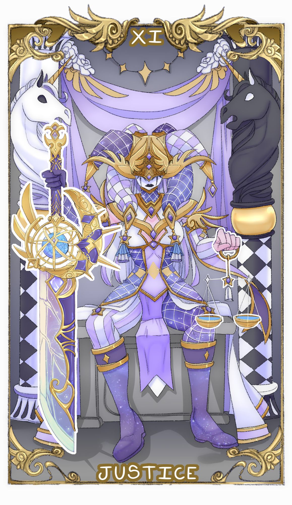 Justice tarot card featuring a jester looking character in purple and white motif. she holds a sword in her right hand and the scales in her left hand. behind her are two pillars featuring a white and black unicorn and behind that is a drape with white roses, golden wings and 5 stars behind that.