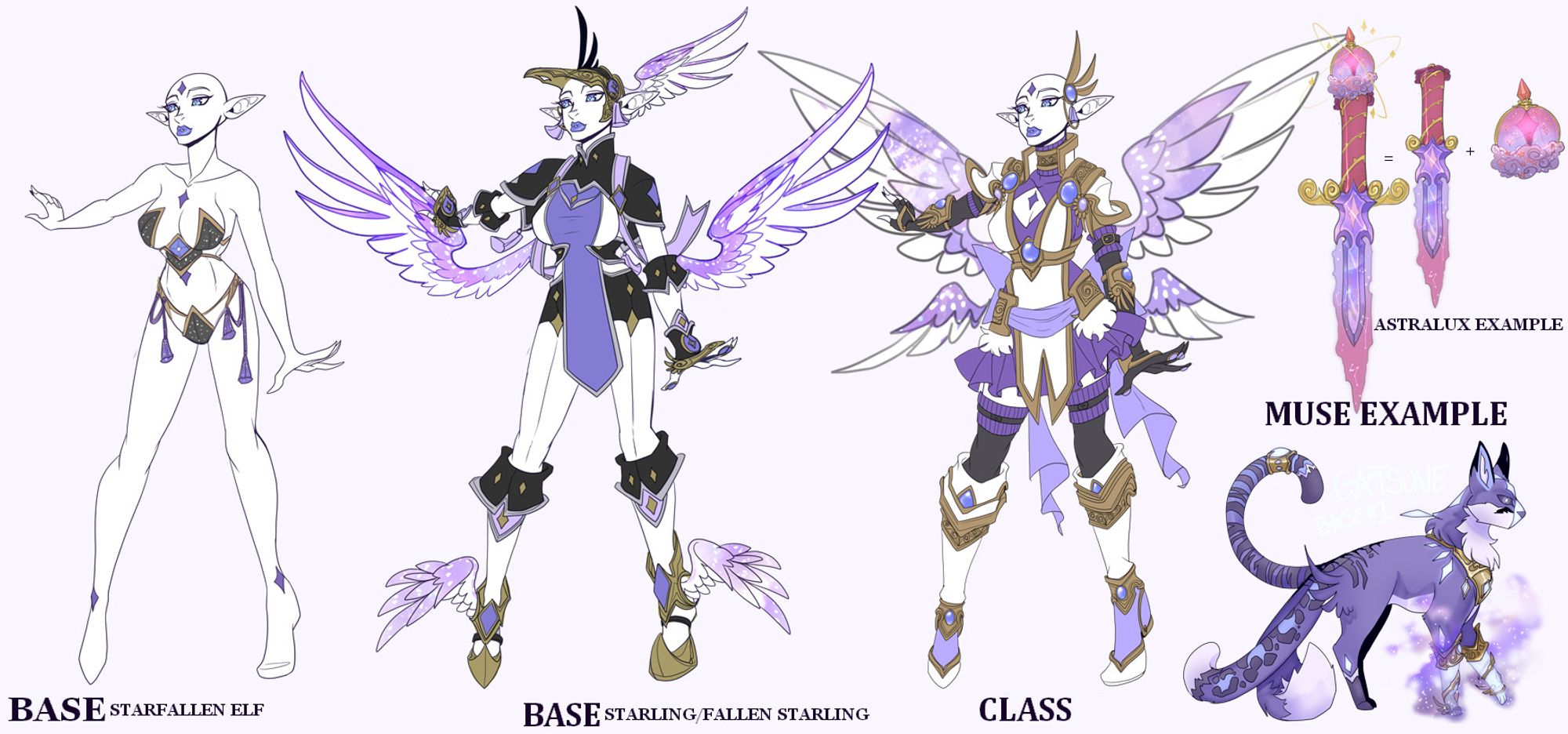 a ref sheet of Starling options - Starfallen Elf -> Starling Base -> S-class -> Astralux weapon and MUSE examples