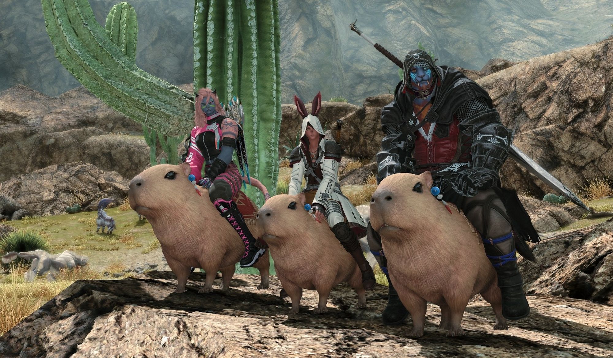 Screenshot from Final Fantasy XIV: three Warriors of Light sitting on the new capybara mount.