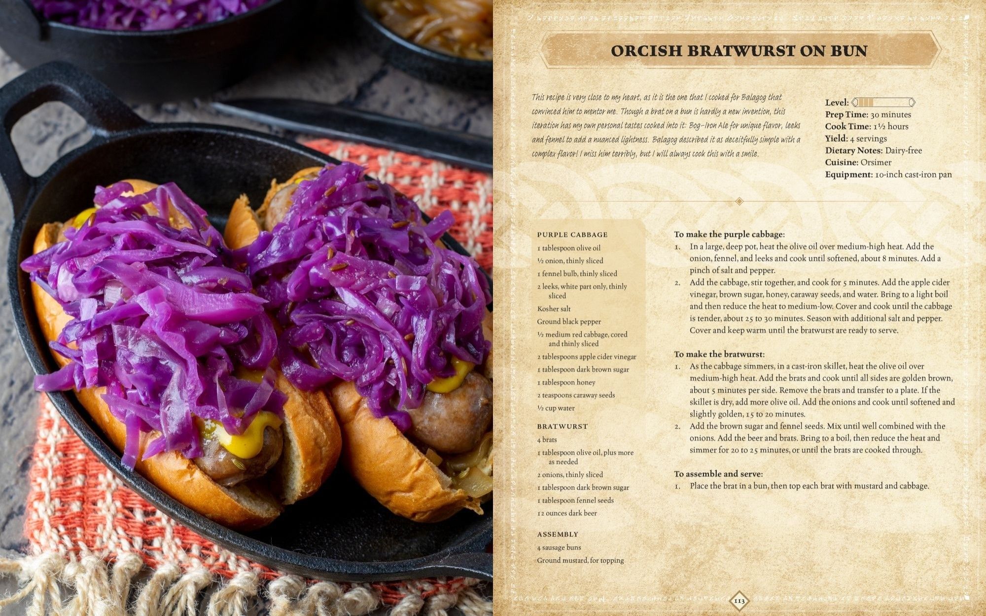 Photo of the Orcish Bratwurst on Bun and recipe.