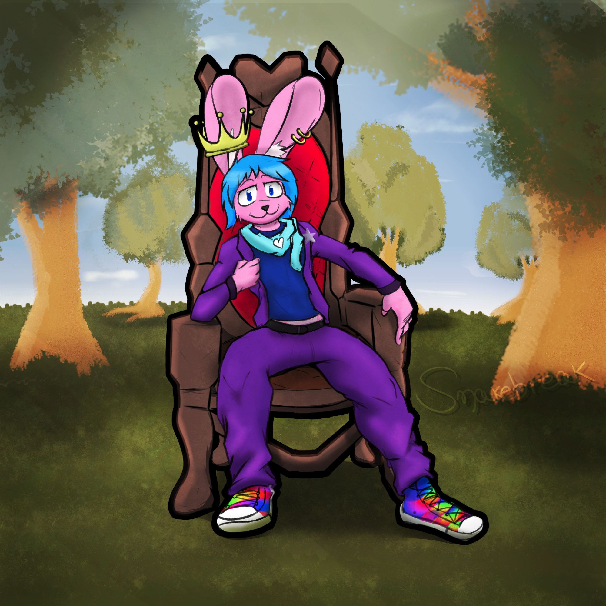 a pink anthro bunny sitting on a wooden throne in the middle of a forest