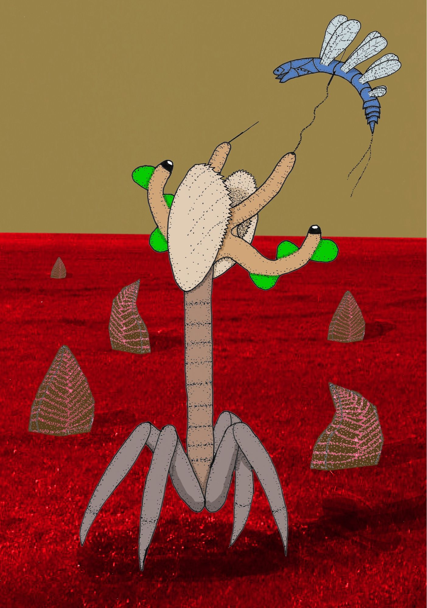 An alien creature with four legs that looks like a clam on a stick shoots out a needle on a string to capture insect-like prey. The background is a red tundra with strange vegetation