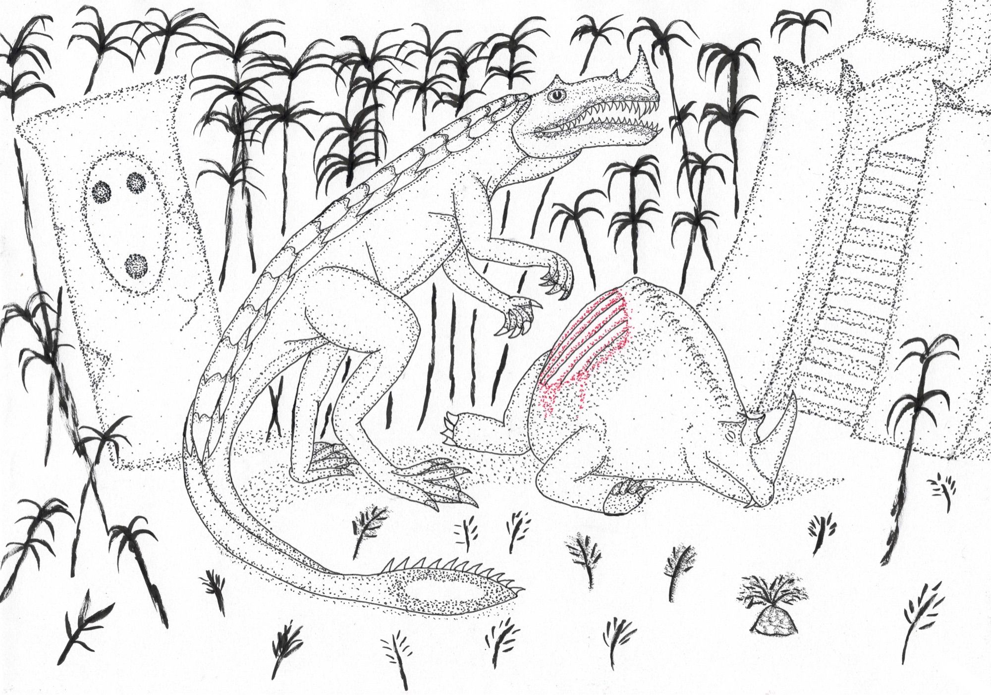 Two dinosaur-like creatures standing amidst jungle ruins