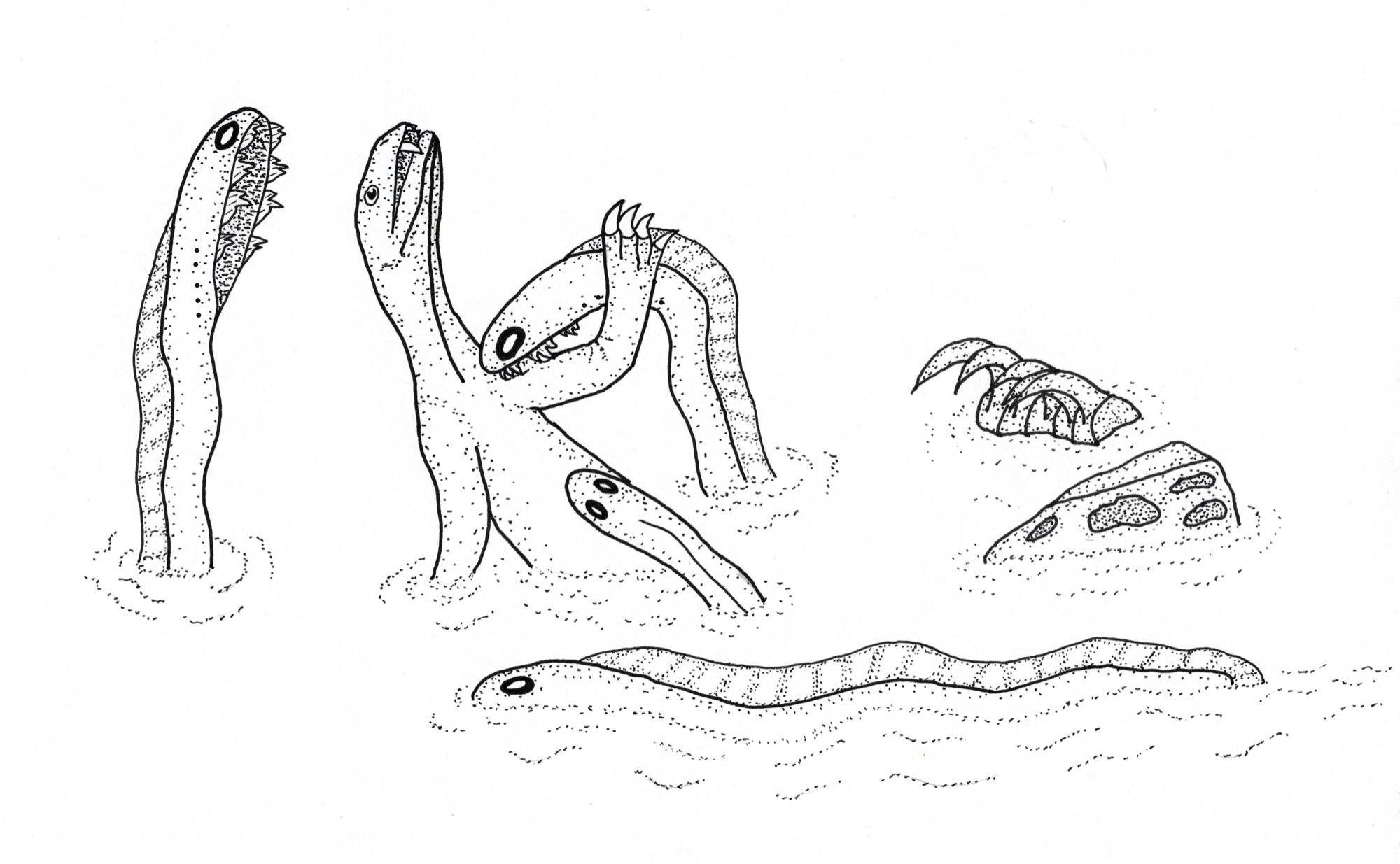 A reptilian creature half-submerged in water is attacked by eel-like creatures with a zipper-mouth