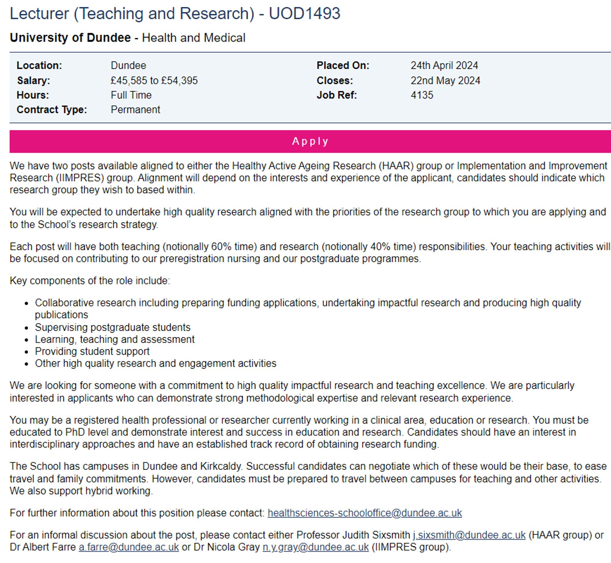 Screenshot of the Jobs.ac.uk advert main page for the to Lecturer jobs:
We have two posts available aligned to either the Healthy Active Ageing Research (HAAR) group or Implementation and Improvement Research (IIMPRES) group. Alignment will depend on the interests and experience of the applicant, candidates should indicate which research group they wish to based within.