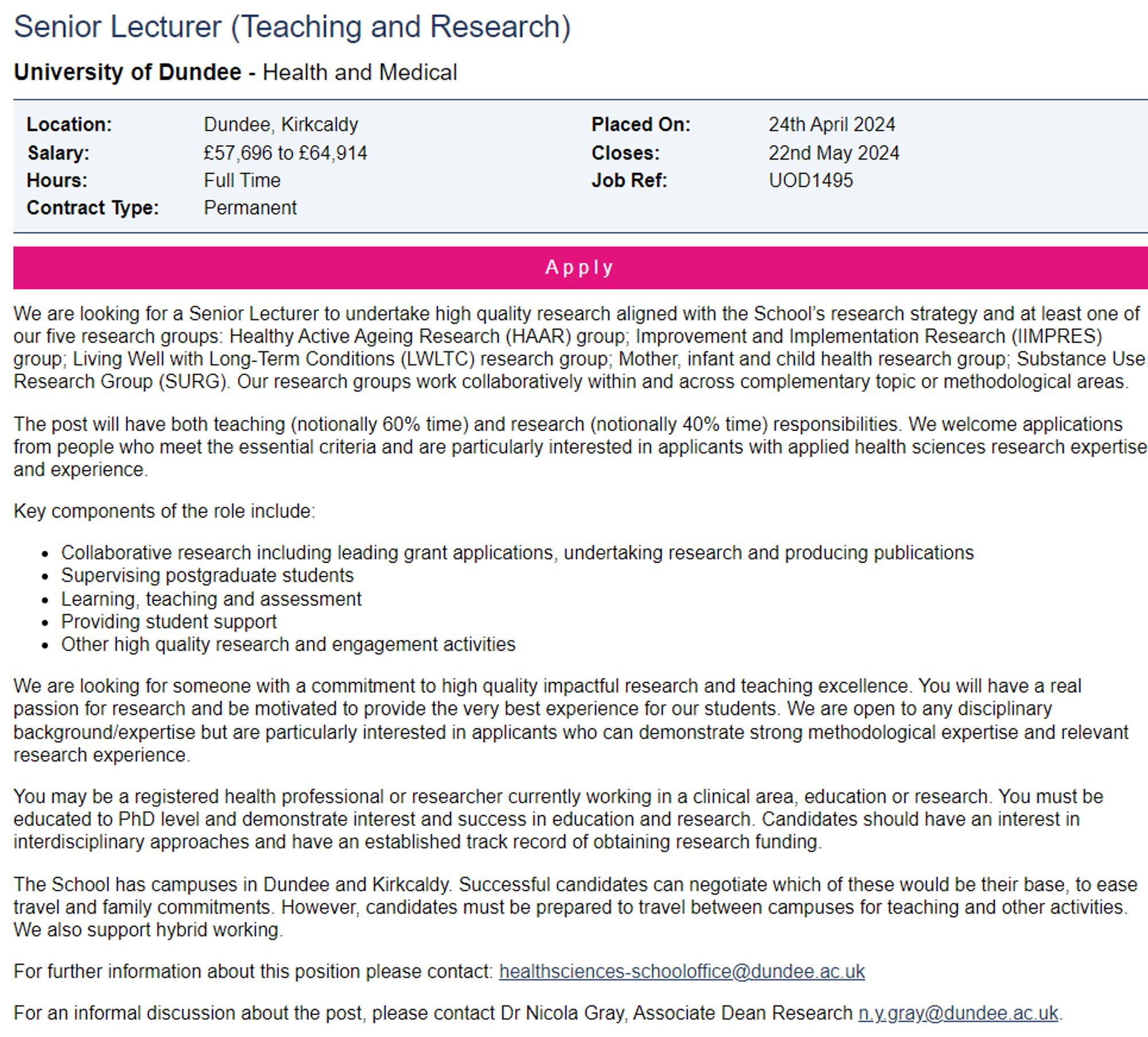 Screenshot of the Jobs.ac.uk advert main page for the Senior Lecturer job:
We are looking for a Senior Lecturer to undertake high quality research aligned with the School’s research strategy and at least one of our five research groups: Healthy Active Ageing Research (HAAR) group; Improvement and Implementation Research (IIMPRES) group; Living Well with Long-Term Conditions (LWLTC) research group; Mother, infant and child health research group; Substance Use Research Group (SURG). Our research groups work collaboratively within and across complementary topic or methodological areas.