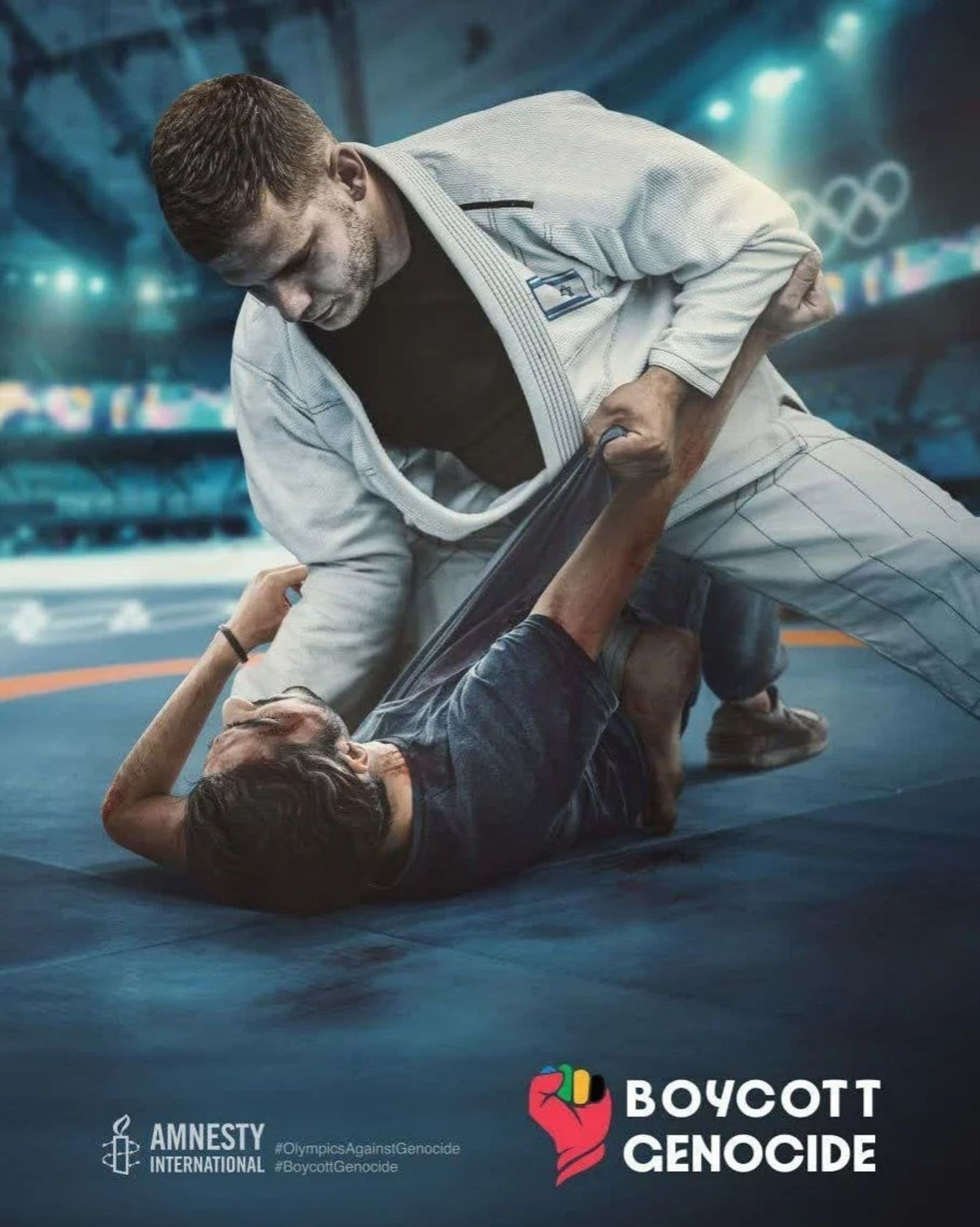 An Israeli judo competitor is holding a civilian to the ground