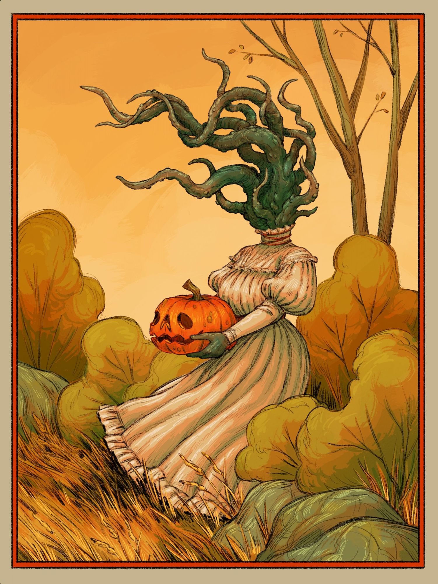 digital illustration of a feminine figure in a stands in a autumnal shrubland while wearing white, Edwardian lawn dress with a jack o lantern mask in her hands and a eruption of tentacles instead of a head