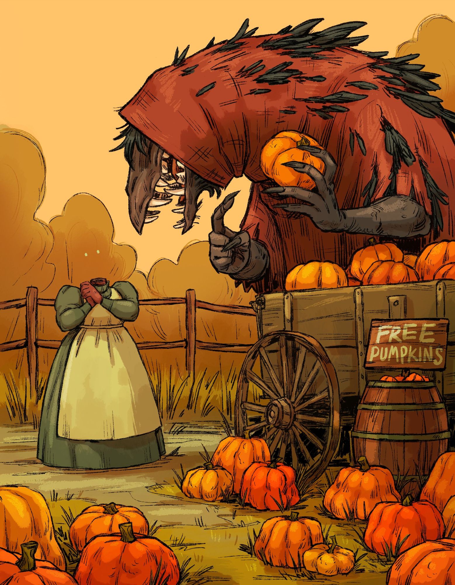 digital illustration: Pumpkins are strewn about an autumn field before a large crow monster behind a wooden cart full of more pumpkins. They are smiling at a headless woman with her hands clasped with glee as they pick up a pumpkin from the cart she likes.