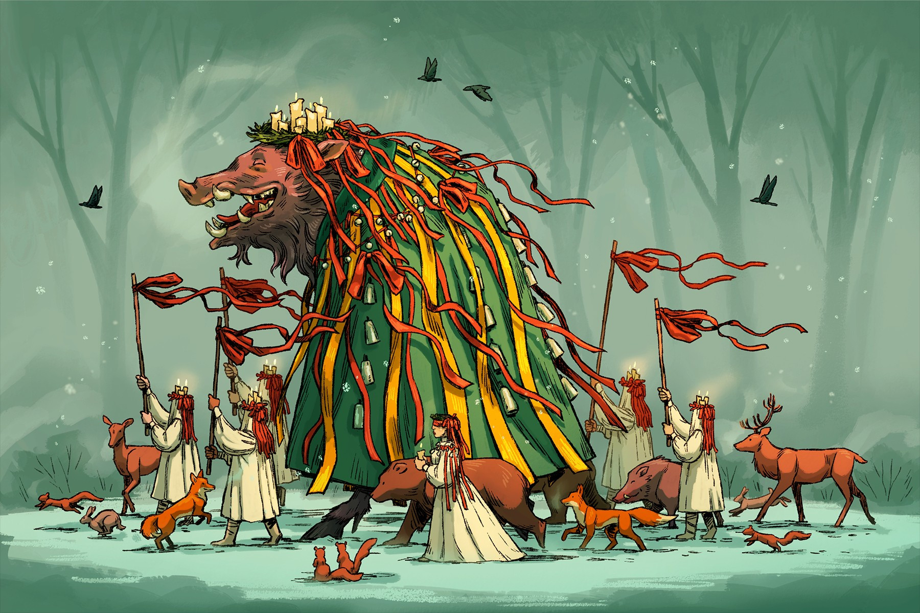 digital illustration of a parade of animals and people wearing white gowns, red ribbons, and candle headdress escort their giant boar-god with poles with more red ribbon through a snowy forest. The boar-god smiles wide, wearing a headdress of candles, red ribbons, and yew along with a colorful cloak, heavily festooned with ribbons and bells.