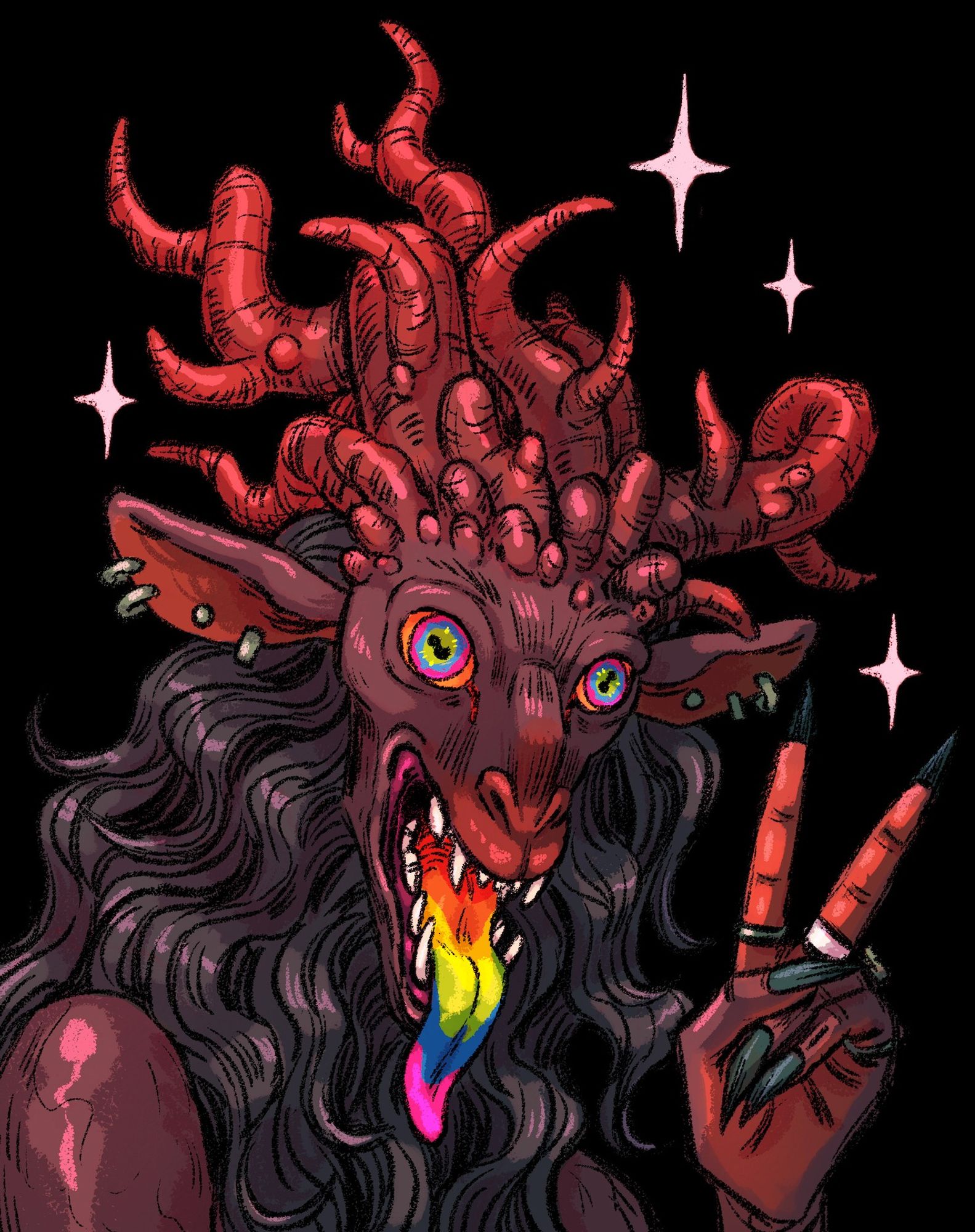 A demon goat of hues purple, blue, and pink with silver pierced ears and a mangled mess of horns smiles, showing off their rainbow tongue and eyes, while surrounded by sparkles. They flash a peace sign with their left hand sporting silver rings with a white ring on their middle finger.