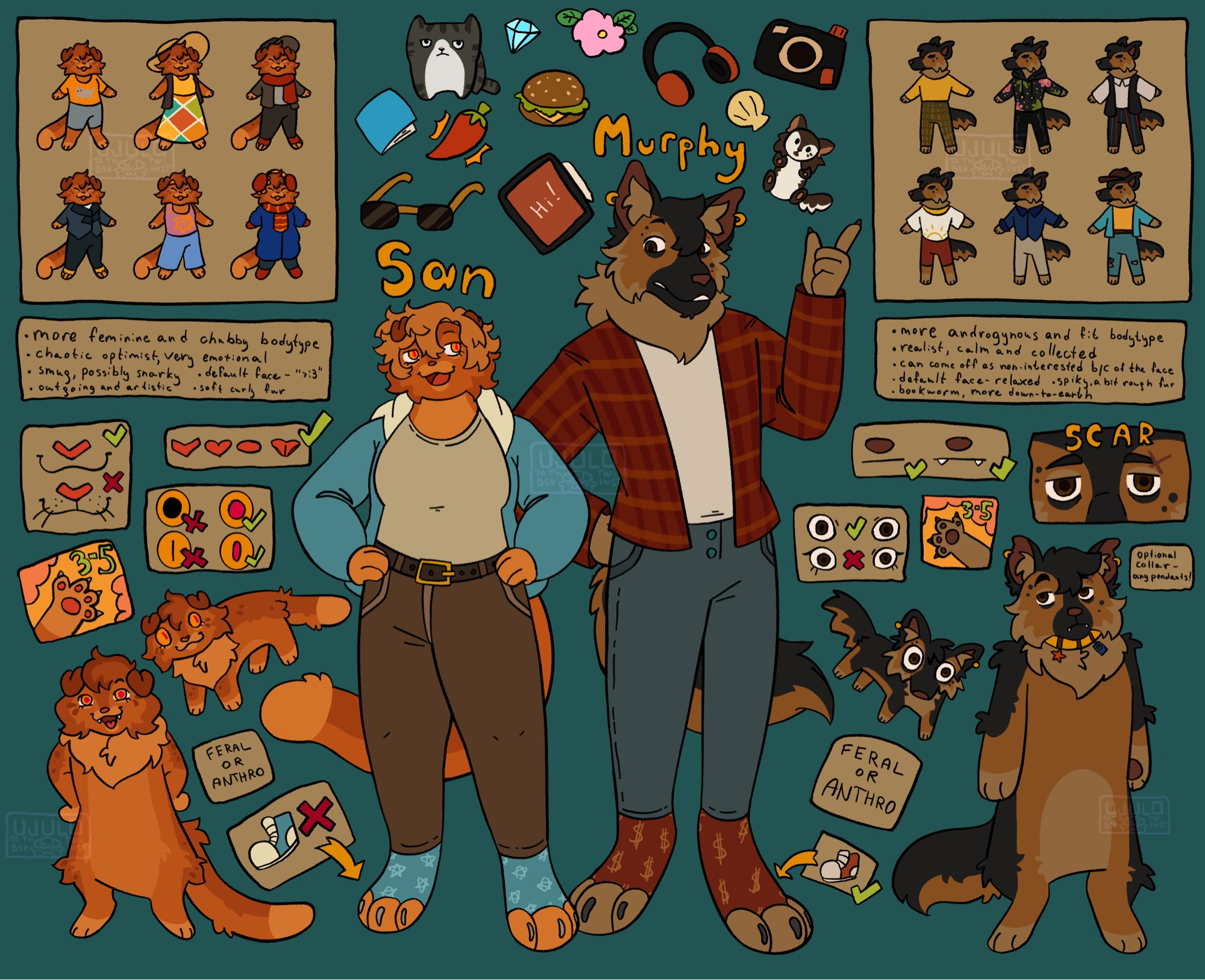 Reference of two characters: San, an orange cat(?), and Murphy, a German Shepherd.