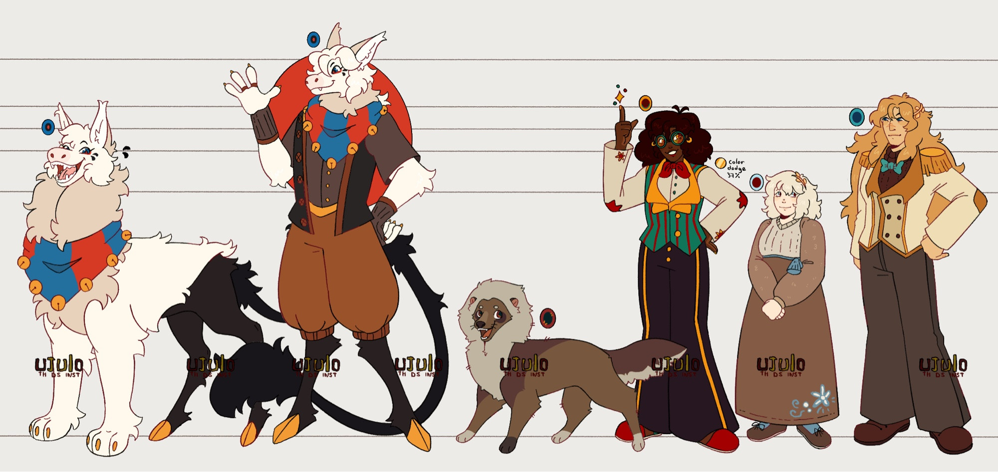 A lineup of 8 characters, including 2 feral dog-like characters, 1 anthro characters and 3 humans. Characters belong to the artist Ujulo.