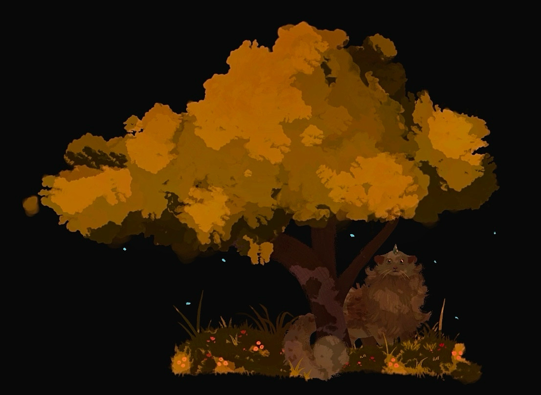 A massive yellow-ish tree with a cat-like creature standing below it. The creature is looking at the viewer.