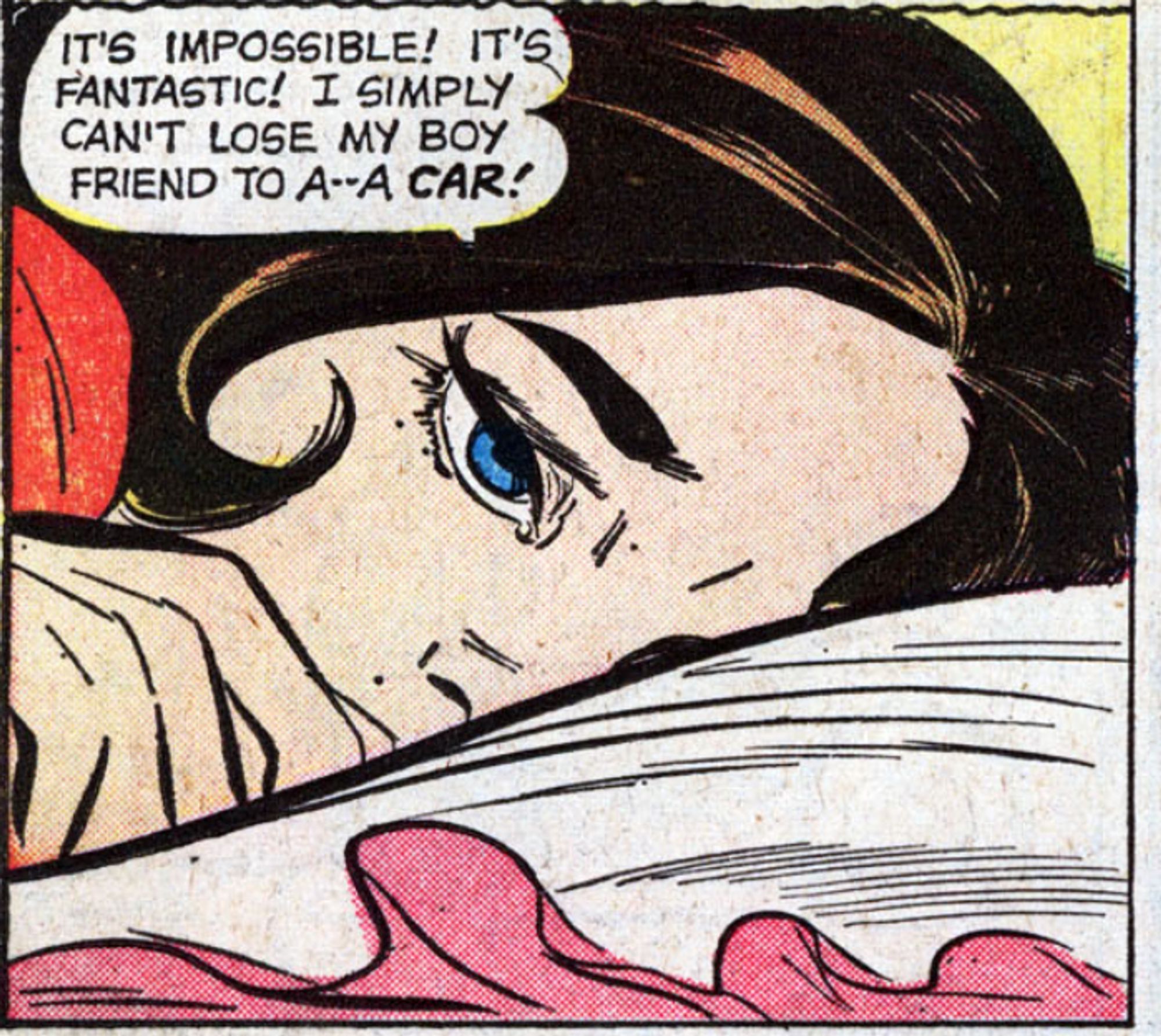 Close-up of a young brunette woman crying into her pillow because she is jealous of her boyfriend's car.
"For The Love Of Ricky Wilson" Teen-Age Romance Vol. 1, No. 86, Marvel/Zenith, 1962
Inked by Vince Colletta