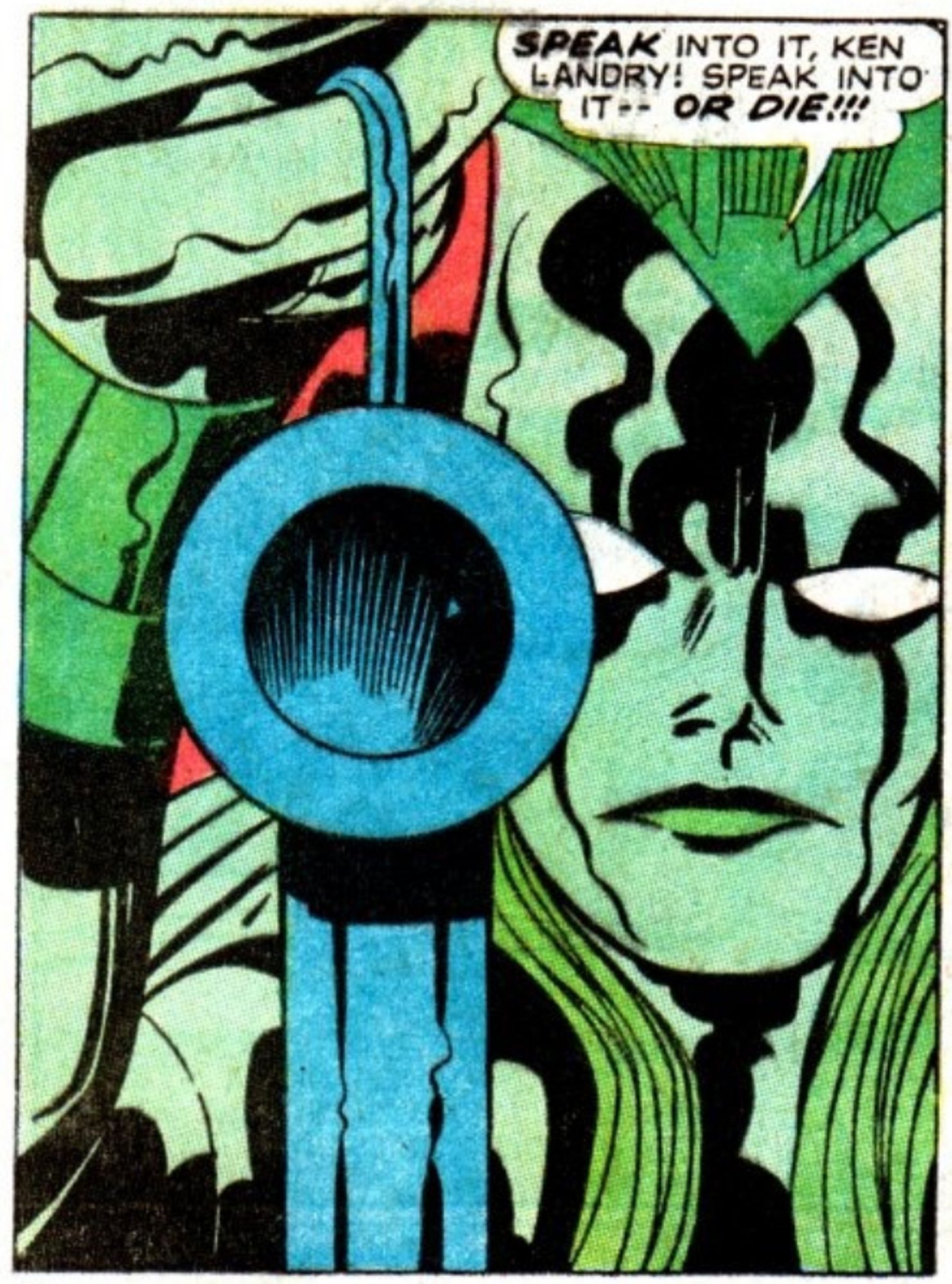 Close-up on a dangling telephone receiver dangling from a cord held by a green-skinned female embodiment of the zodiac sign Pisces.
"Horoscope Phenomenon Or Witch Queen Of Ancient Sumeria?" Weird Mystery Tales Vol. 1, No. 1, DC/National, 1972
Inked by Mike Royer