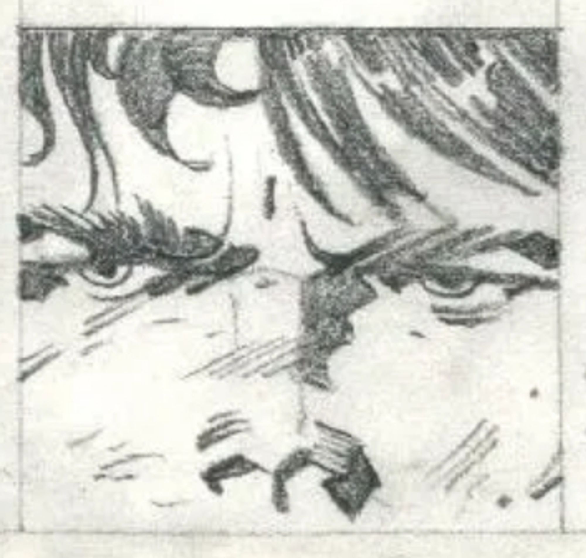 Close-up of a boy's dirty and battered face as he contemplates the struggles and violence of his existence. 
"Street Code" Kirby: King of Comics, Abrams, 2008