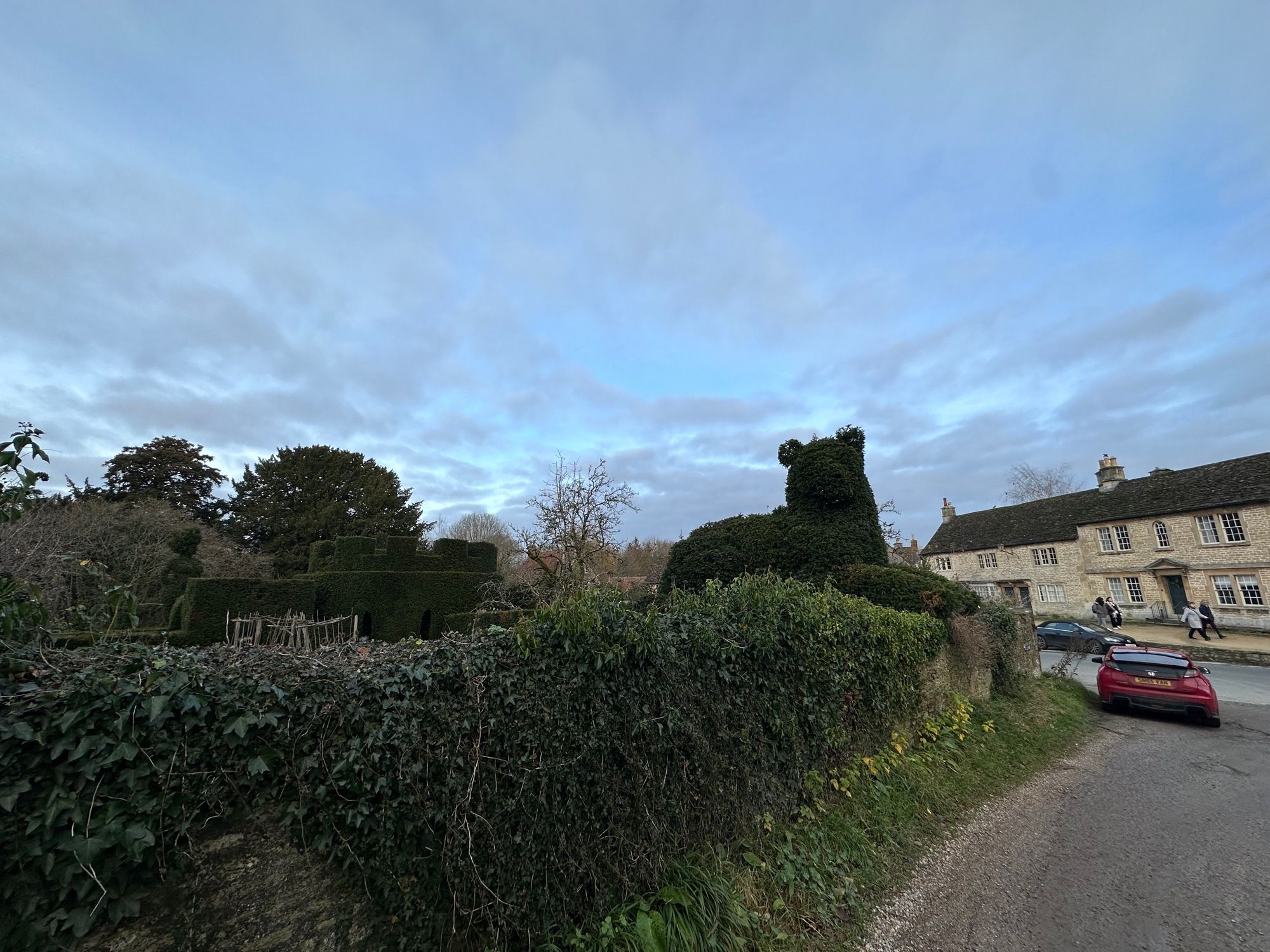 A hedge leading to a massive topiary cat. Along the hedge is a red car for scale. A house is in the  back.