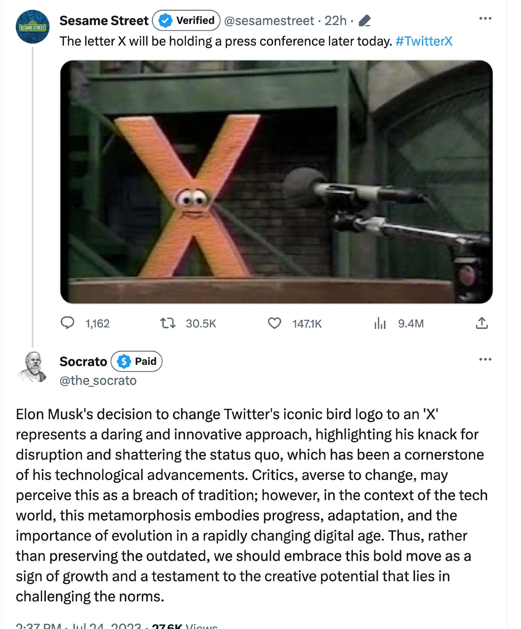 long screed from an elon stan about how innovative the change to "x" is, in reply to sesame street account