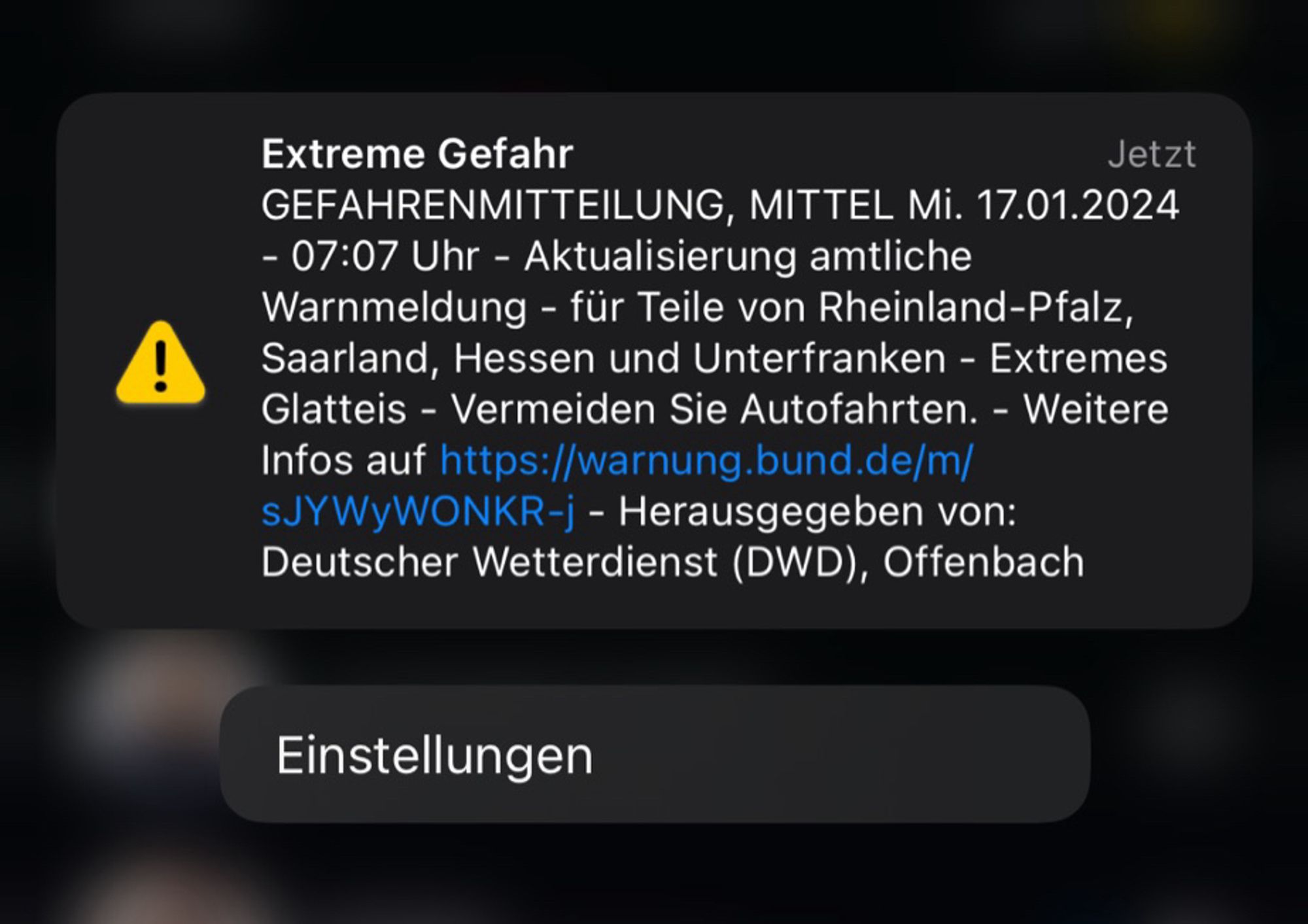 Extremgefahr-Warnung des deutschen Wetterdienstes am 17.01 vor Glatteis