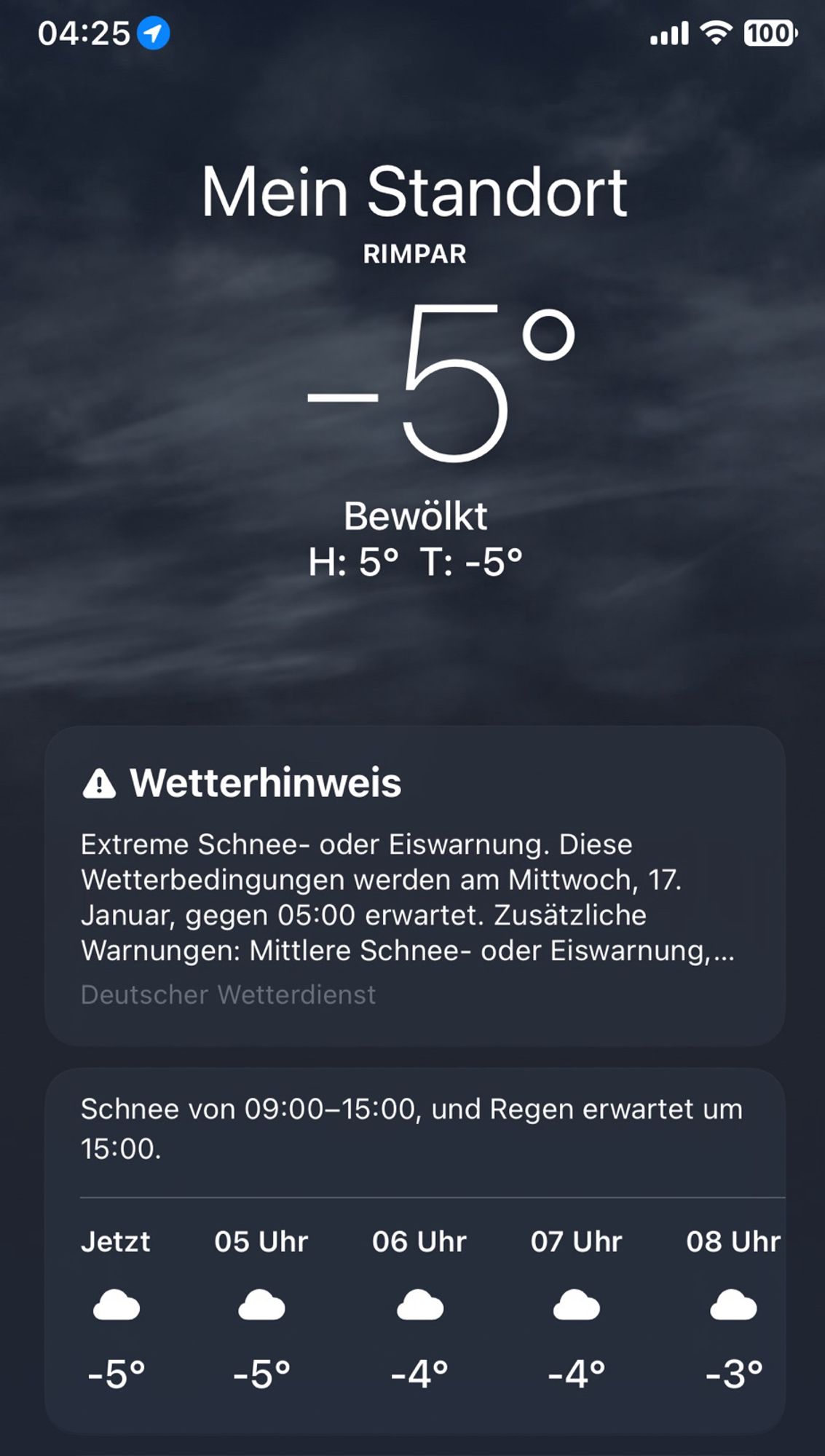 Screenshot Wetter App auf dem IPhone um 04:25. das Bild zeigt -5 Grad an.