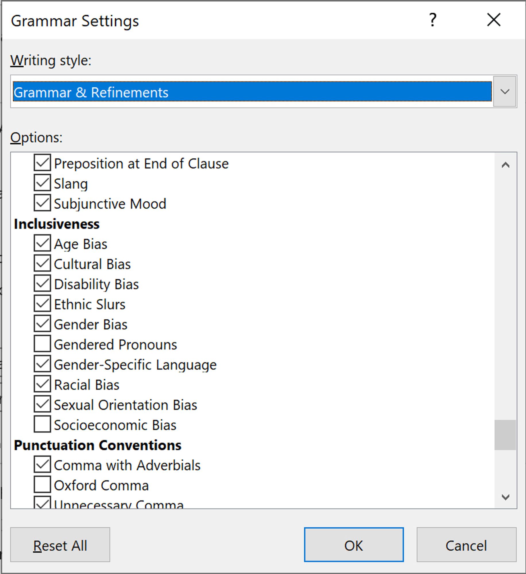 screenshot of Word Grammar Settings showing the options under Inclusiveness from age bias to socioeconomic bias