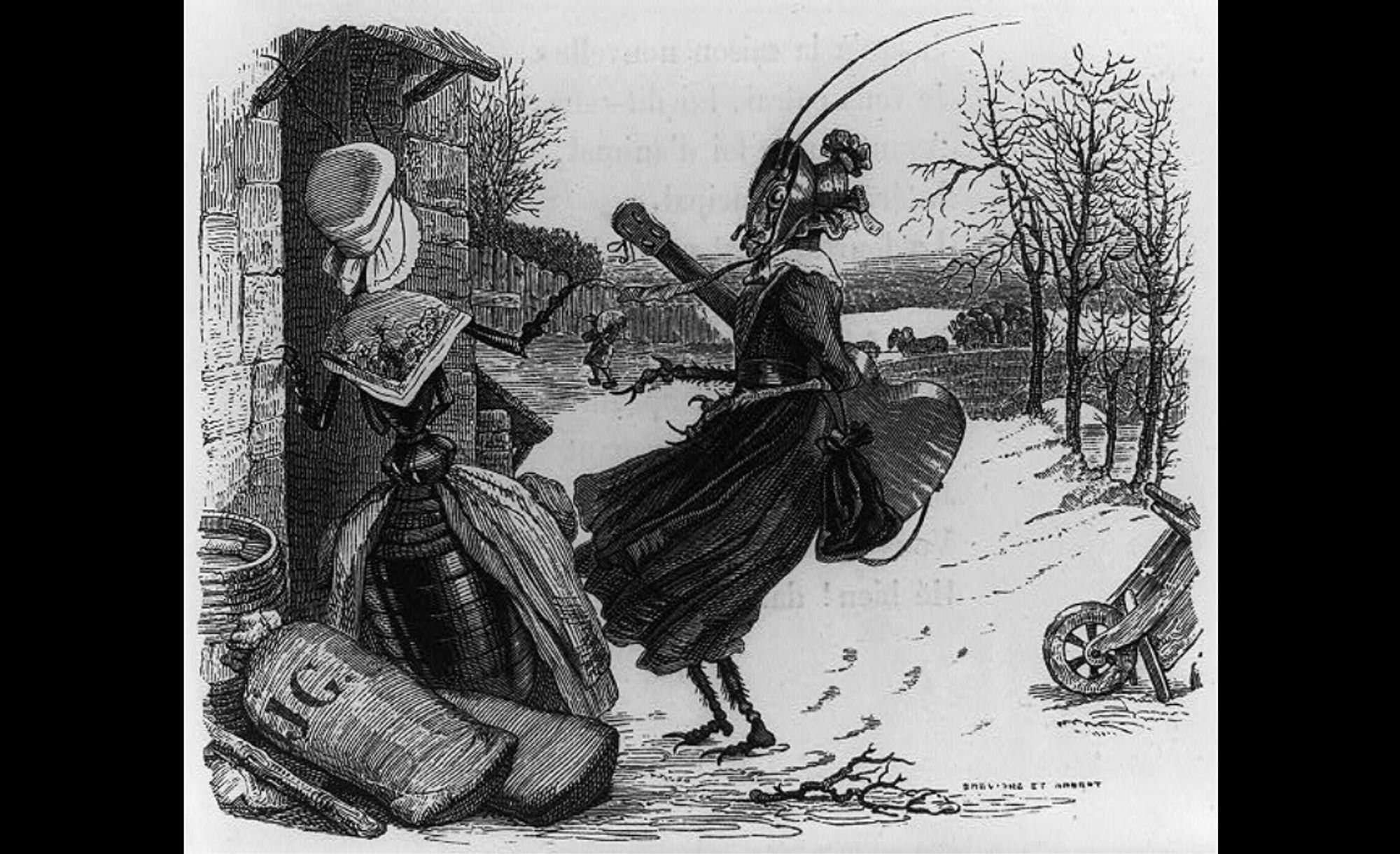 Illustration of an ant and a grasshopper dressed as women. The grasshopper is holding a guitar.