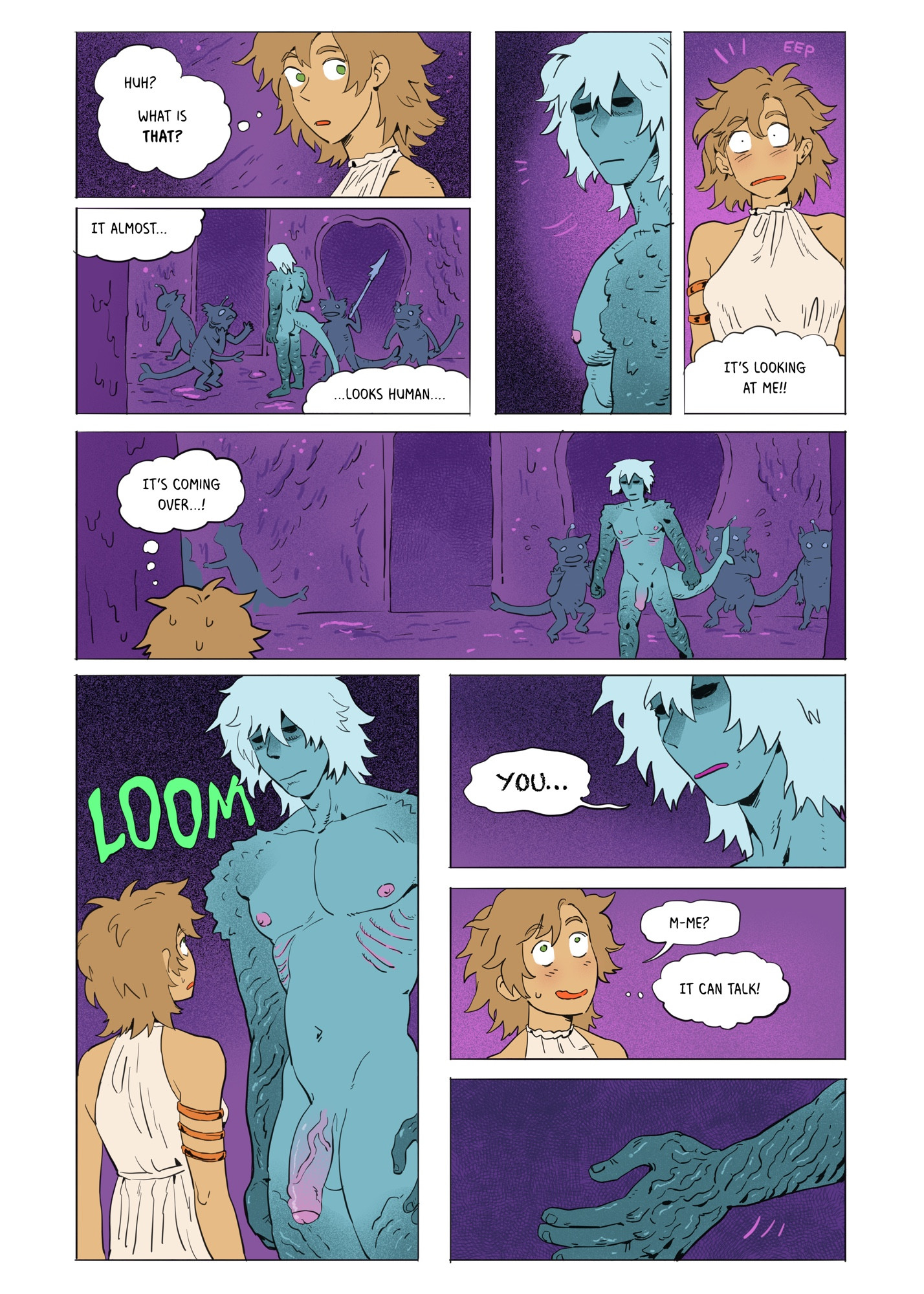 A colour comic page featuring a large well endowed fish man and a cute little trans guy with tits 