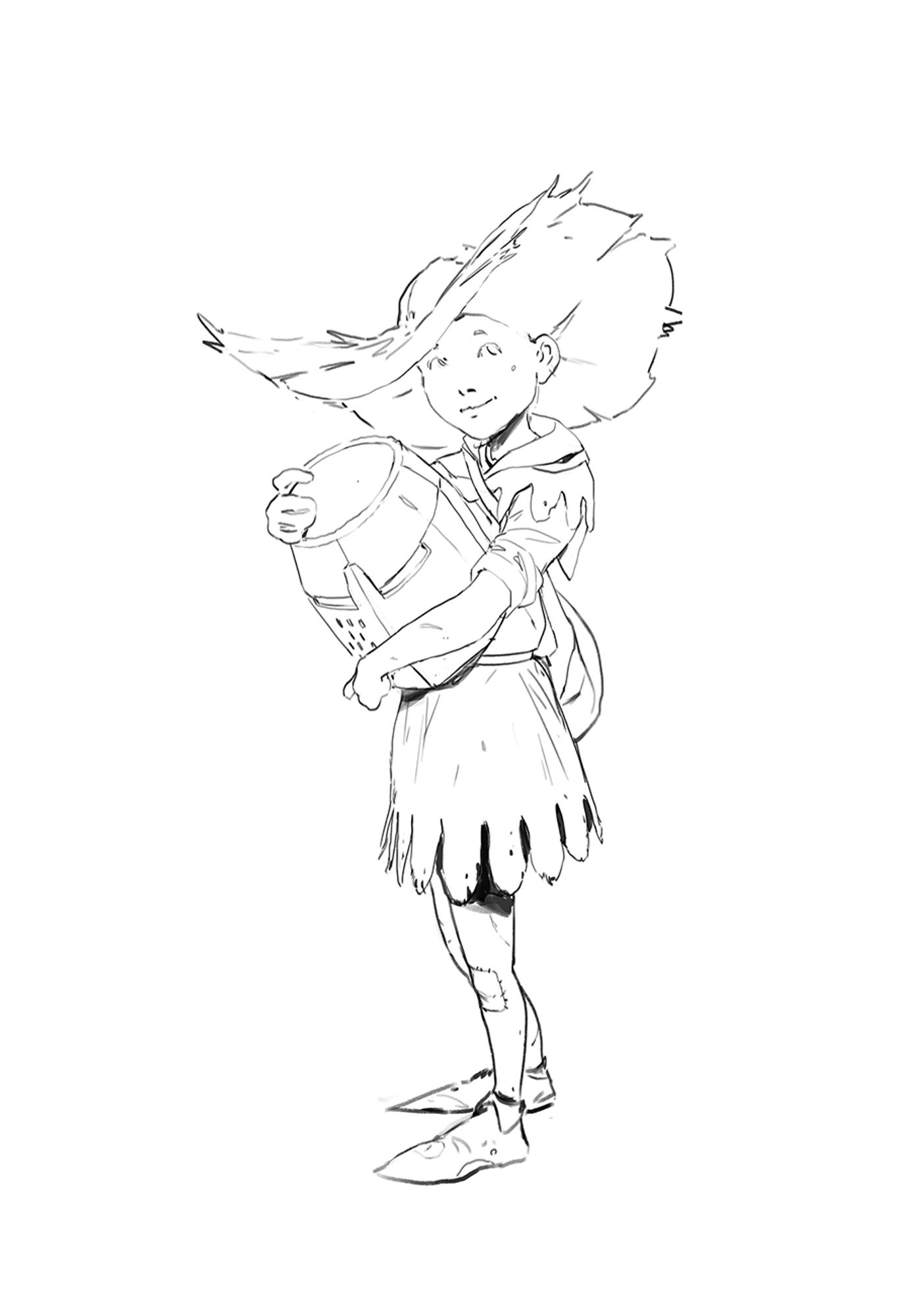 Line sketch of Egg from A Song of Ice and Fire, wearing his straw hat and holding Dunk's great helm