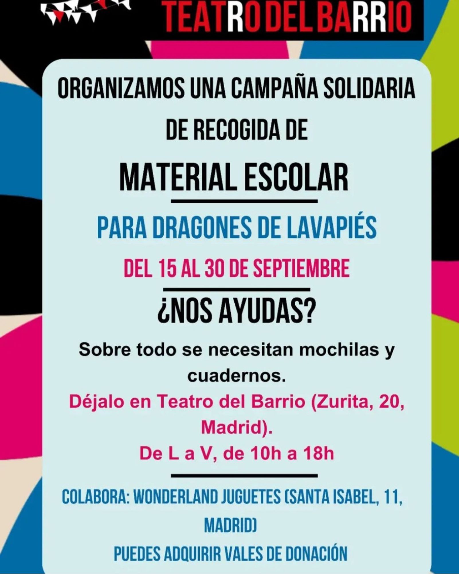 Recogida del material del 15 al 30 de septiembre en la calle Zurita número 20 de Madrid, de lunes a viernes de 10 a 18 horas.