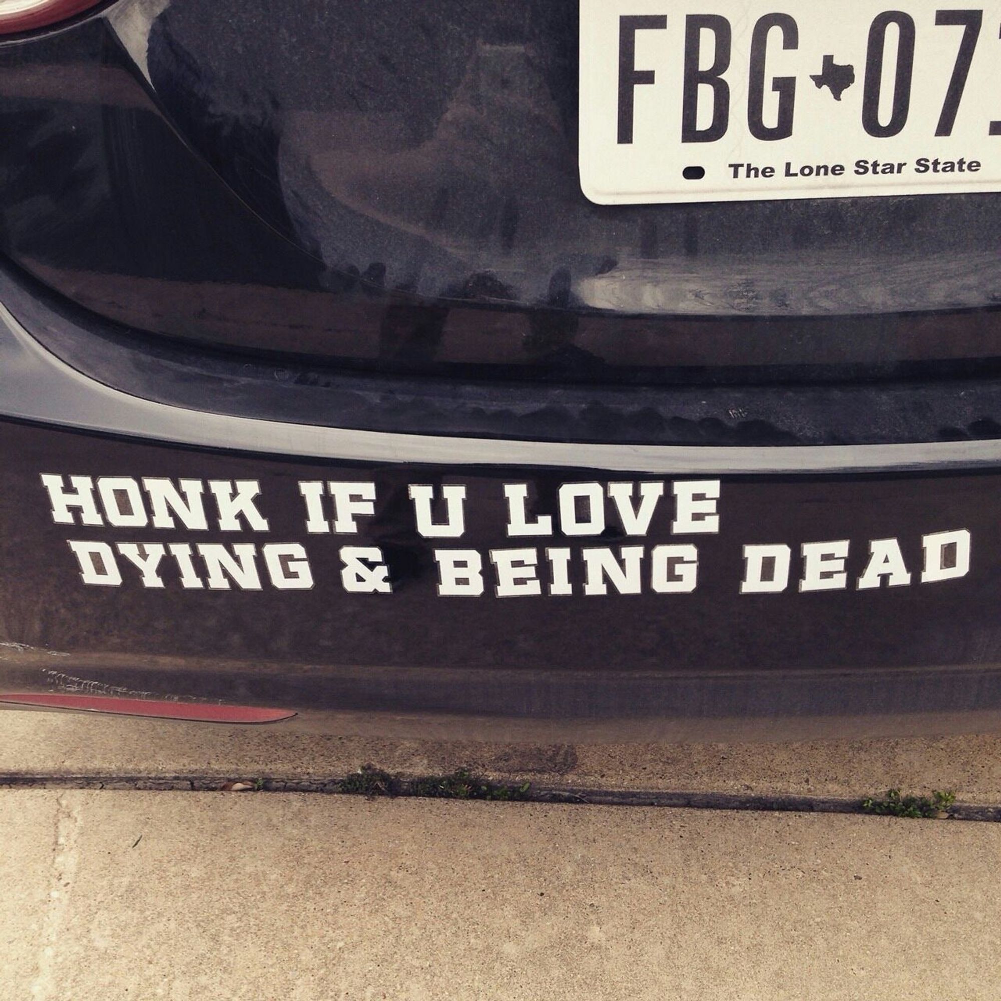 the bumper of a 2012 hyundai elantra with “HONK IF U LOVE DYING & BEING DEAD” in stickers on it