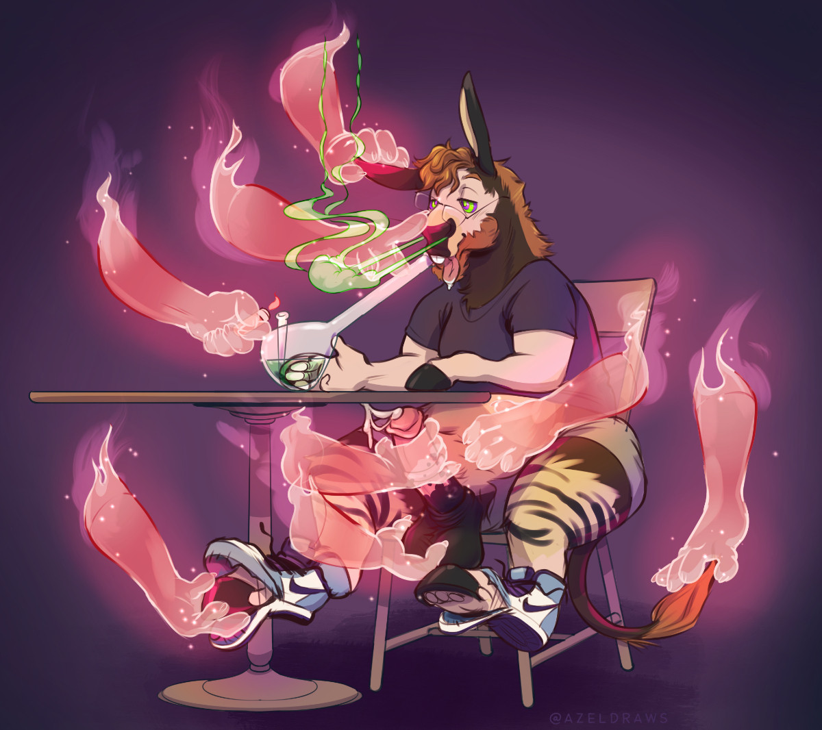 Drawing of a man sitting at a table, taking a hit from a bong, and being transformed into a donkey by ghost hands