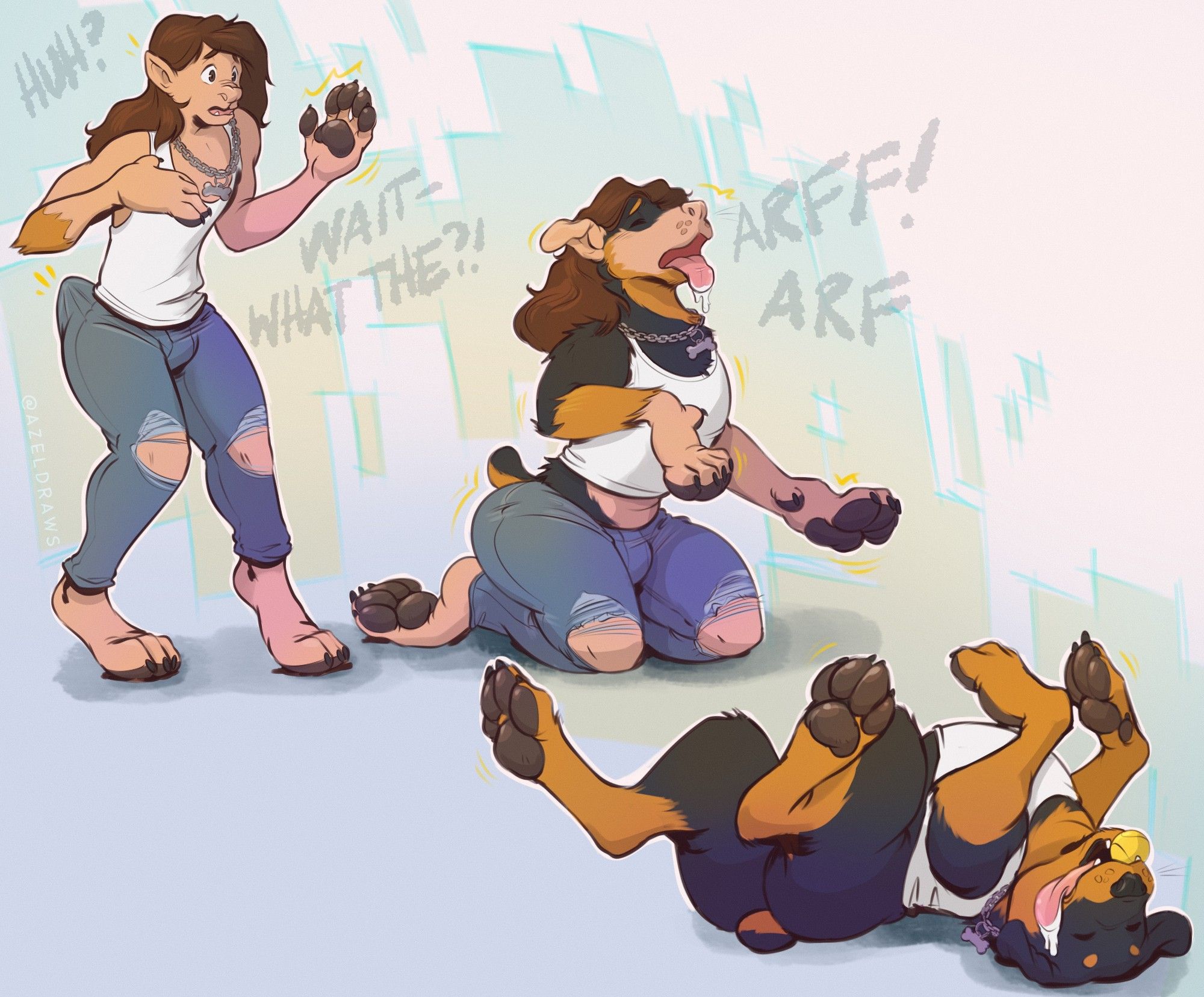 3 step transformation sequence of a guy becoming a rottweiler dog because of an enchanted collar