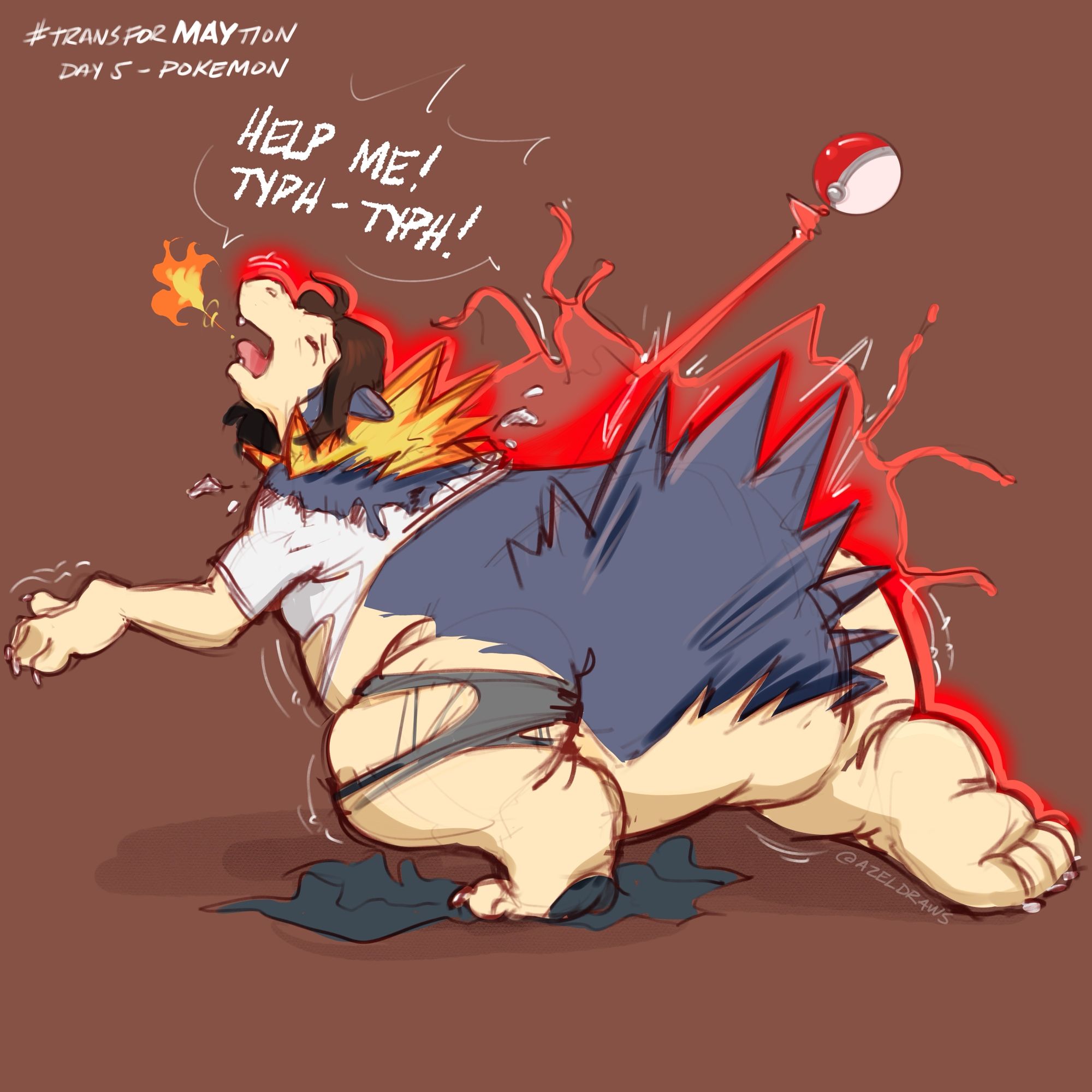 Sketch of a man transforming into a Typhlosion Pokemon from a defective/cursed pokeball