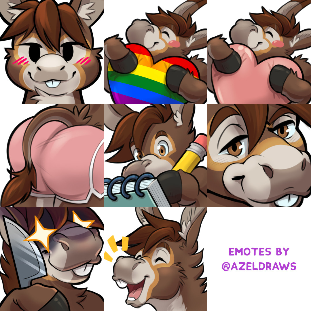 Donkey twitch emotes by Azeldraws. Boykisser, pride, heart, cake, noted, smirk, knife, bray