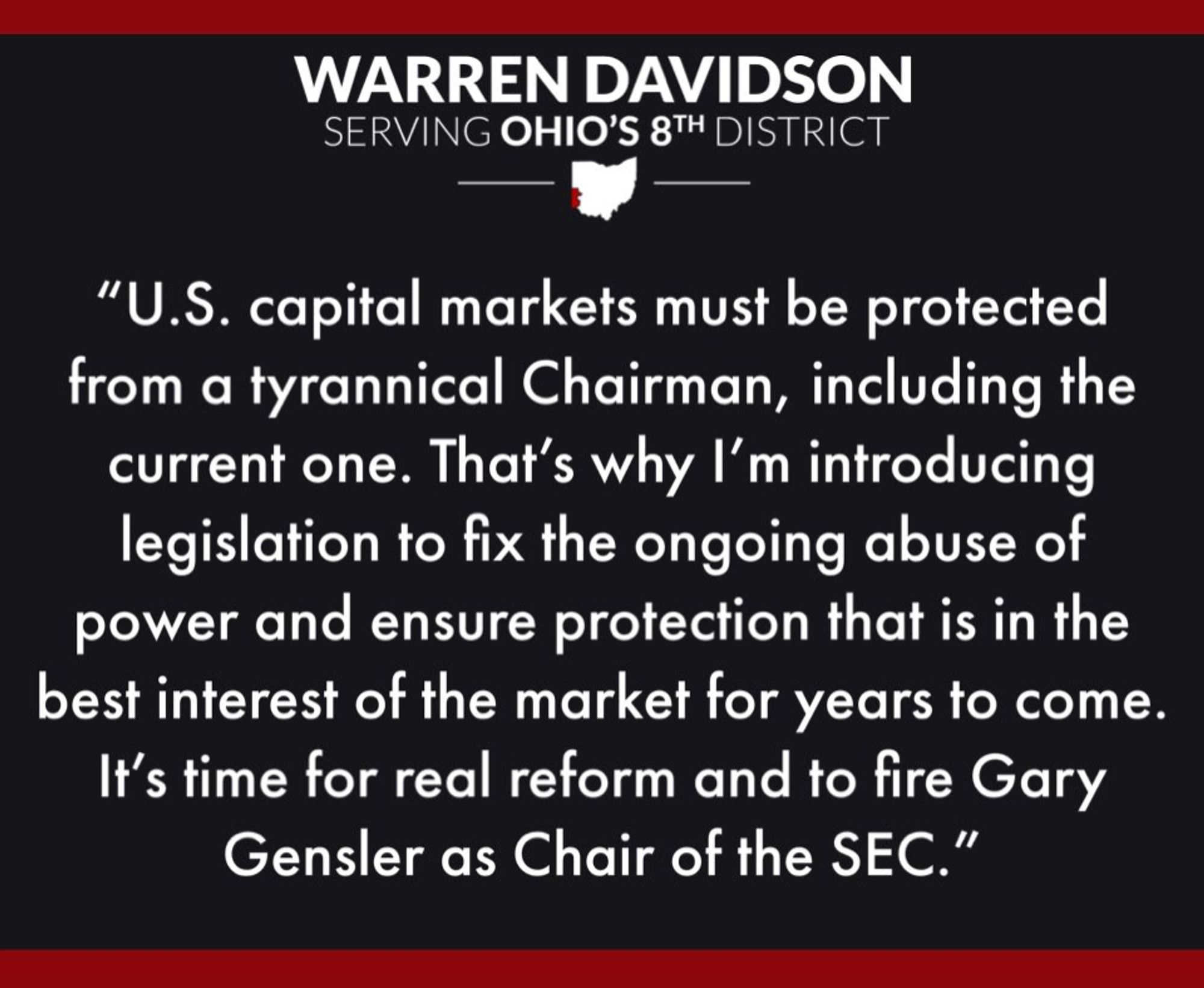 NEWS - Today I filed the SEC Stabilization Act to restructure the @SECGov and #FireGaryGensler. 

U.S. capital markets must be protected from a tyrannical Chairman, including the current one. It’s time for real reform and to fire @GaryGensler as Chair of the SEC. Statement ⬇️