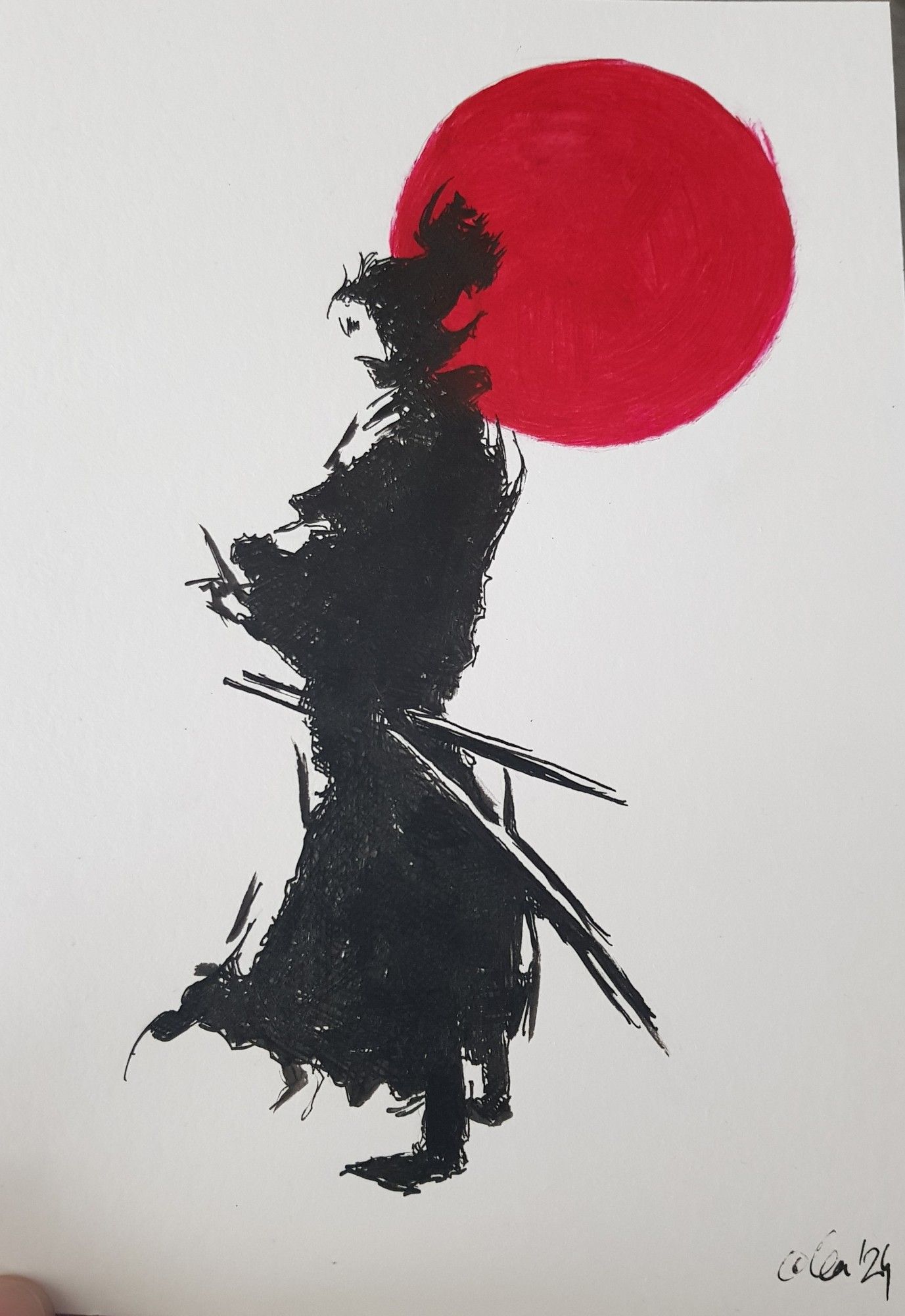 Samurai painted and drawn with black ink, while behind's a red sun (also painted with ink).