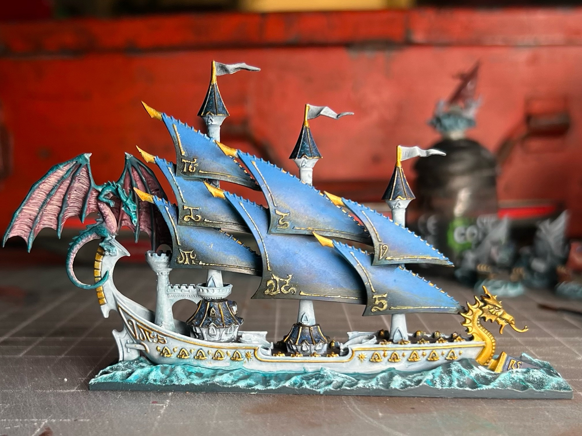 Seadrake - Ship from Dreadfleet. With dragon sitting at the rear.