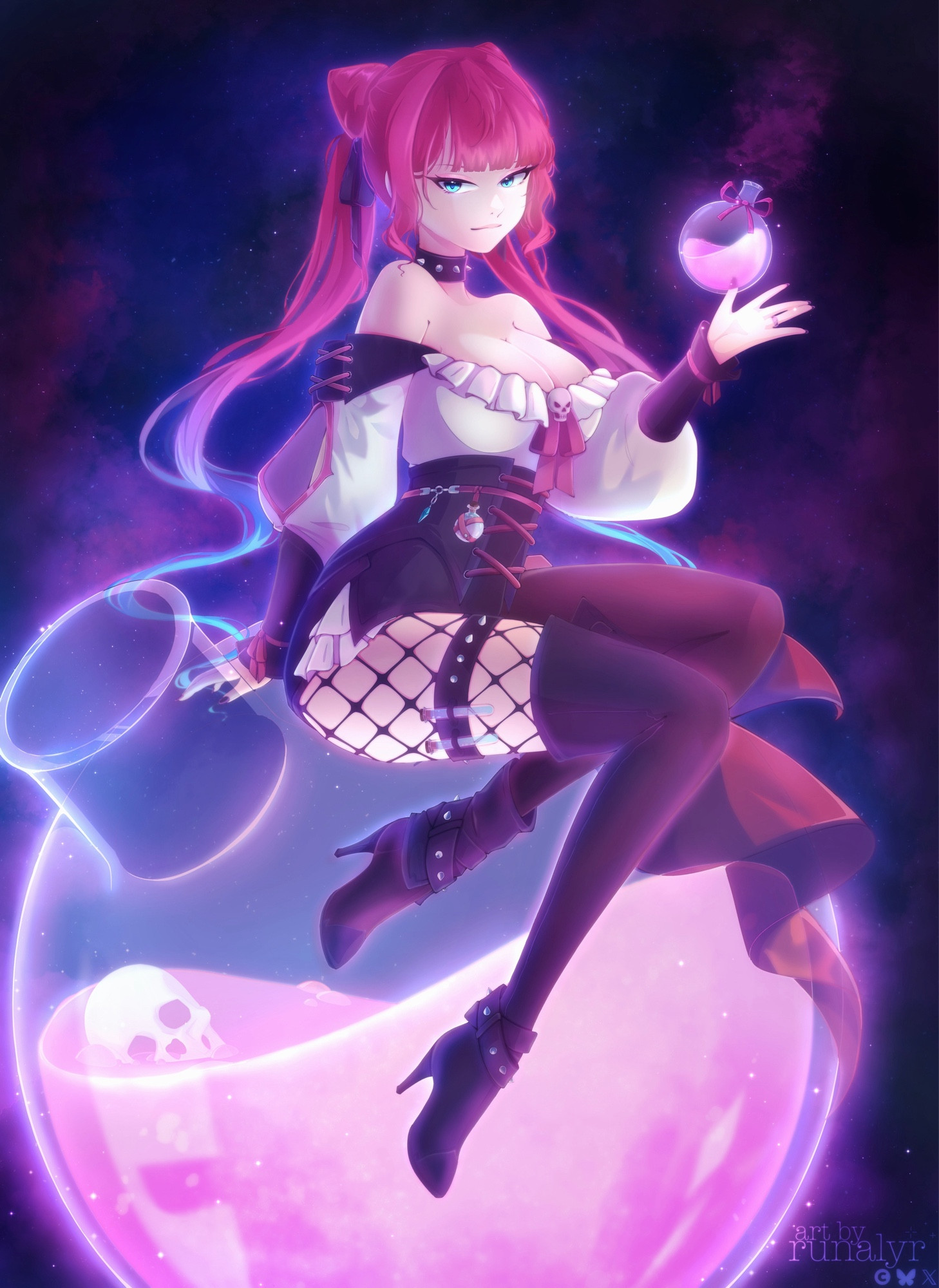 An illustration of a anime style woman sat on top of a giant potion bottle. Inside the bottle is a glowing, pink mystery liquid which has a human skull disolving inside. She has magenta hair which gradients down to blue, she wears it in two long twin-tails with pointed hair buns at the top decorated with ribbons. Her clothing is a mixture of fantasy pirate & witch aesthetics with some fishnets and spiked accessories. Character is named Runelle, Rune for short. She is a witch who makes potions.

Art & OC belong to me, runalyr.