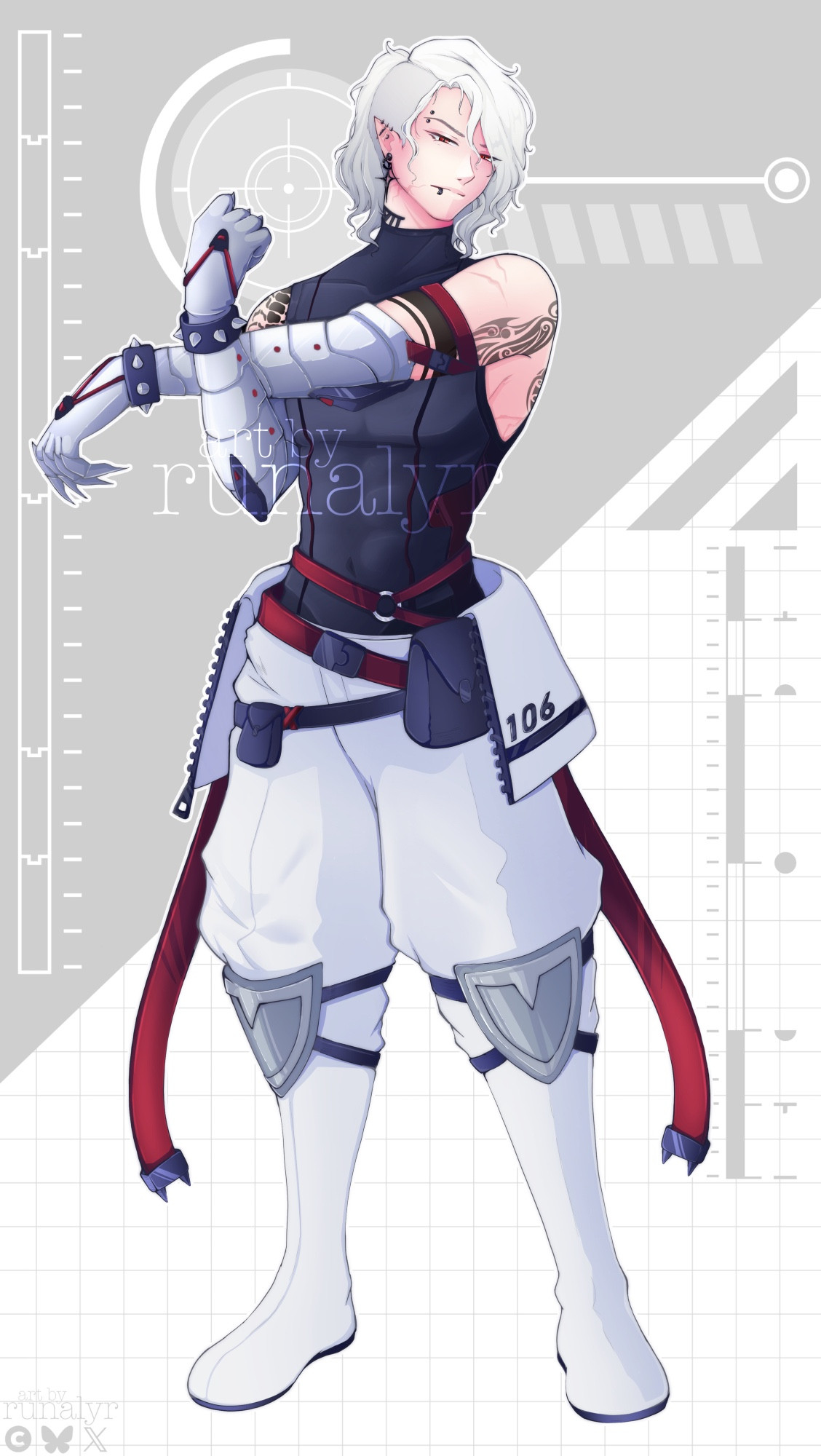 A full body reference image of my OC in an anime art style. Art features a masculine figure with white hair, one side shaved while the rest is wavy. He has pale skin with some tattoos and piercings, and is wearing a futuristic sci-fi clothing. The background image is grey and white shapes just to fill space.

Art & OC by runalyr

Tags for feeds:
#art #oc #ocart #digitalart #artsky #supportartists